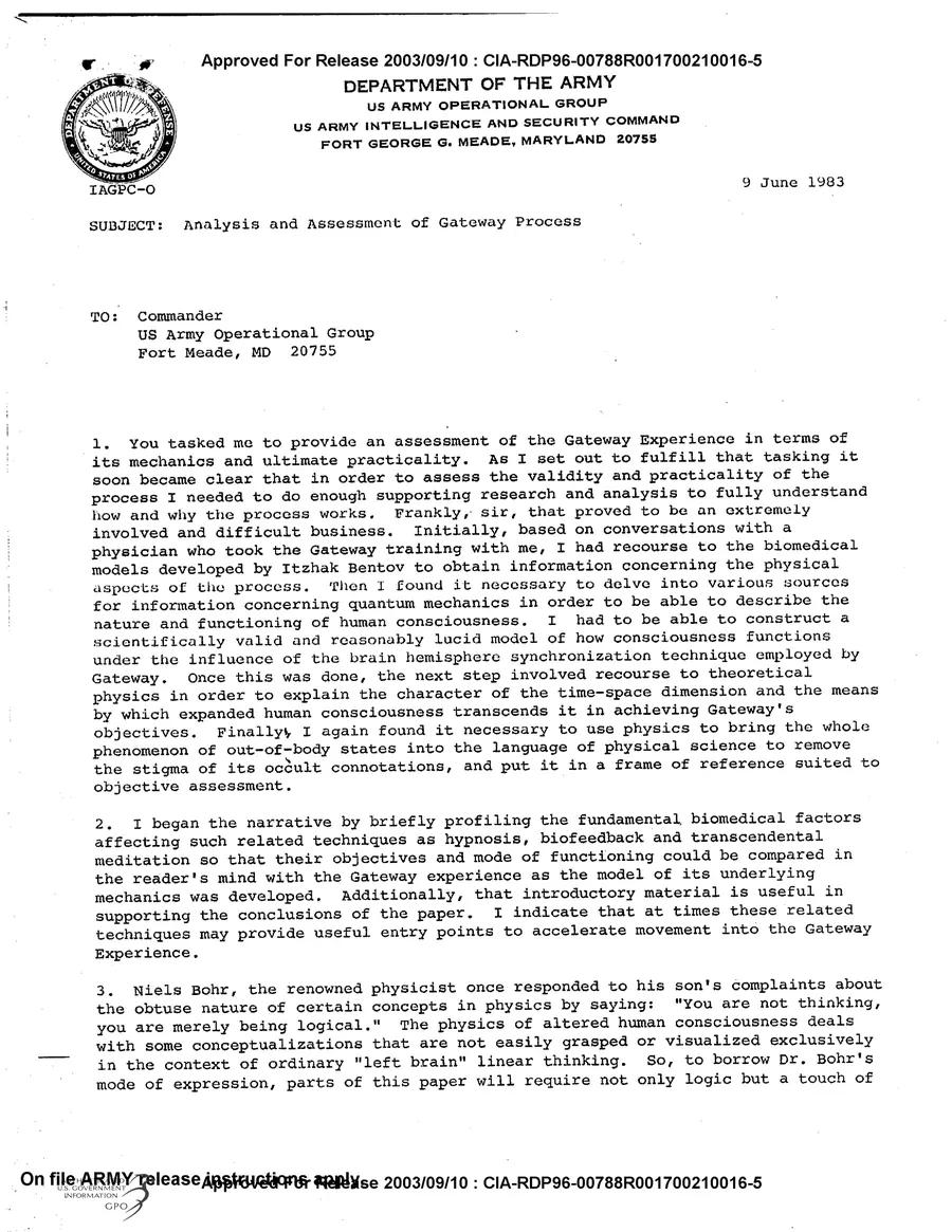 Analysis and Assessment of the Gateway Process — leaf 1, facsimile of the released scan