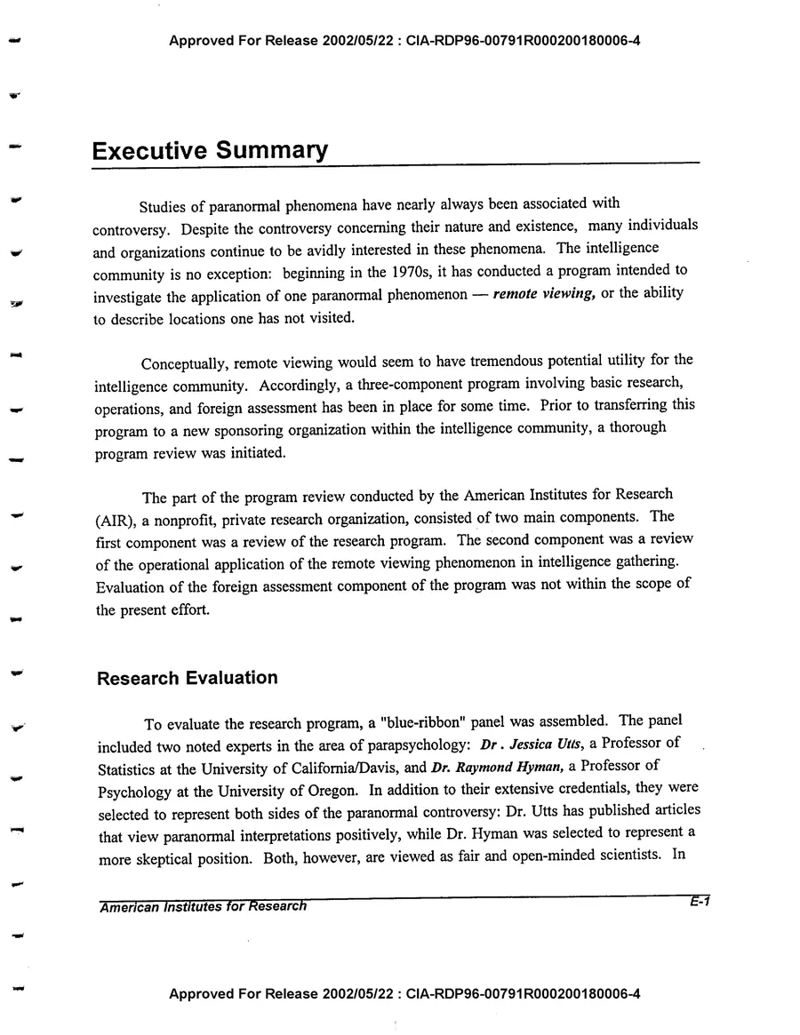 An Evaluation of Remote Viewing: Research and Applications — leaf 5, printed page E-1, facsimile of the released scan