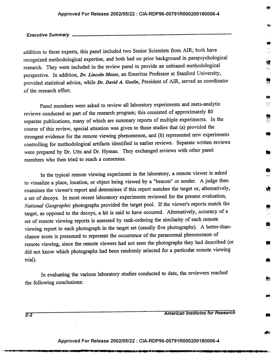 An Evaluation of Remote Viewing: Research and Applications — leaf 6, printed page E-2, facsimile of the released scan