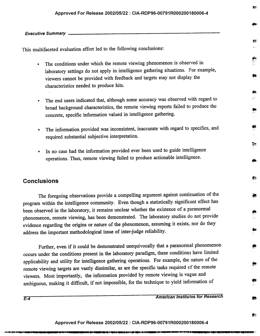 An Evaluation of Remote Viewing: Research and Applications — leaf 8, printed page E-4, facsimile of the released scan