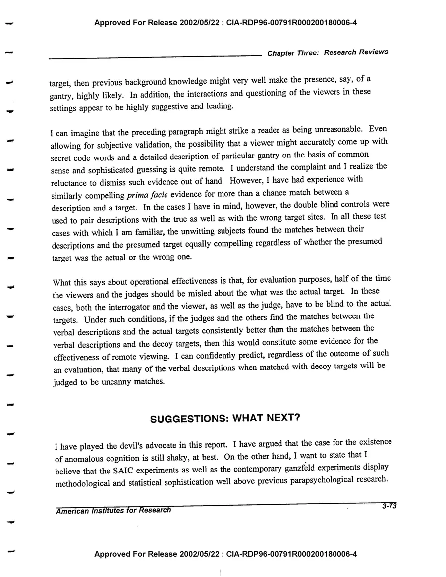 An Evaluation of Remote Viewing: Research and Applications — leaf 102, printed page 3-73, facsimile of the released scan