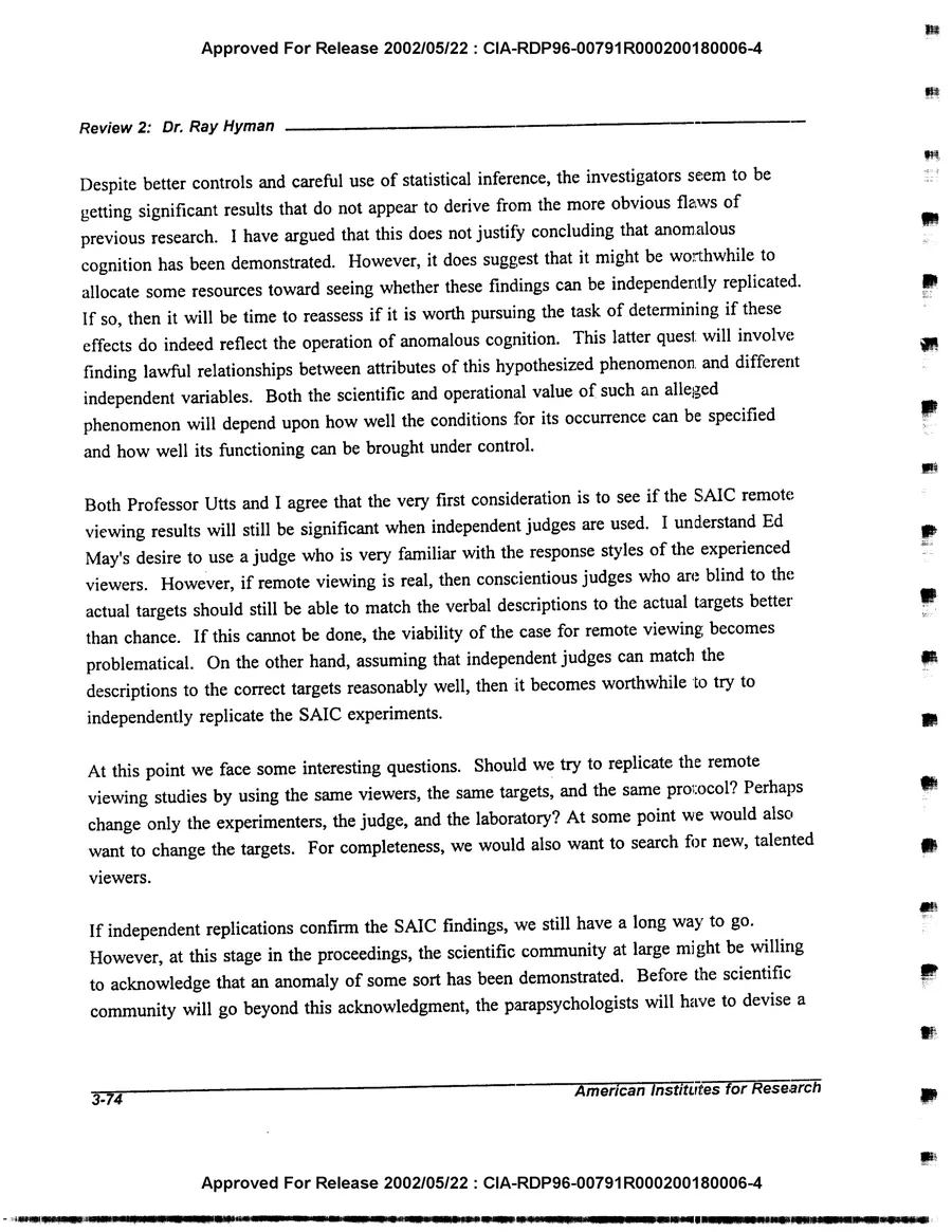 An Evaluation of Remote Viewing: Research and Applications — leaf 103, printed page 3-74, facsimile of the released scan