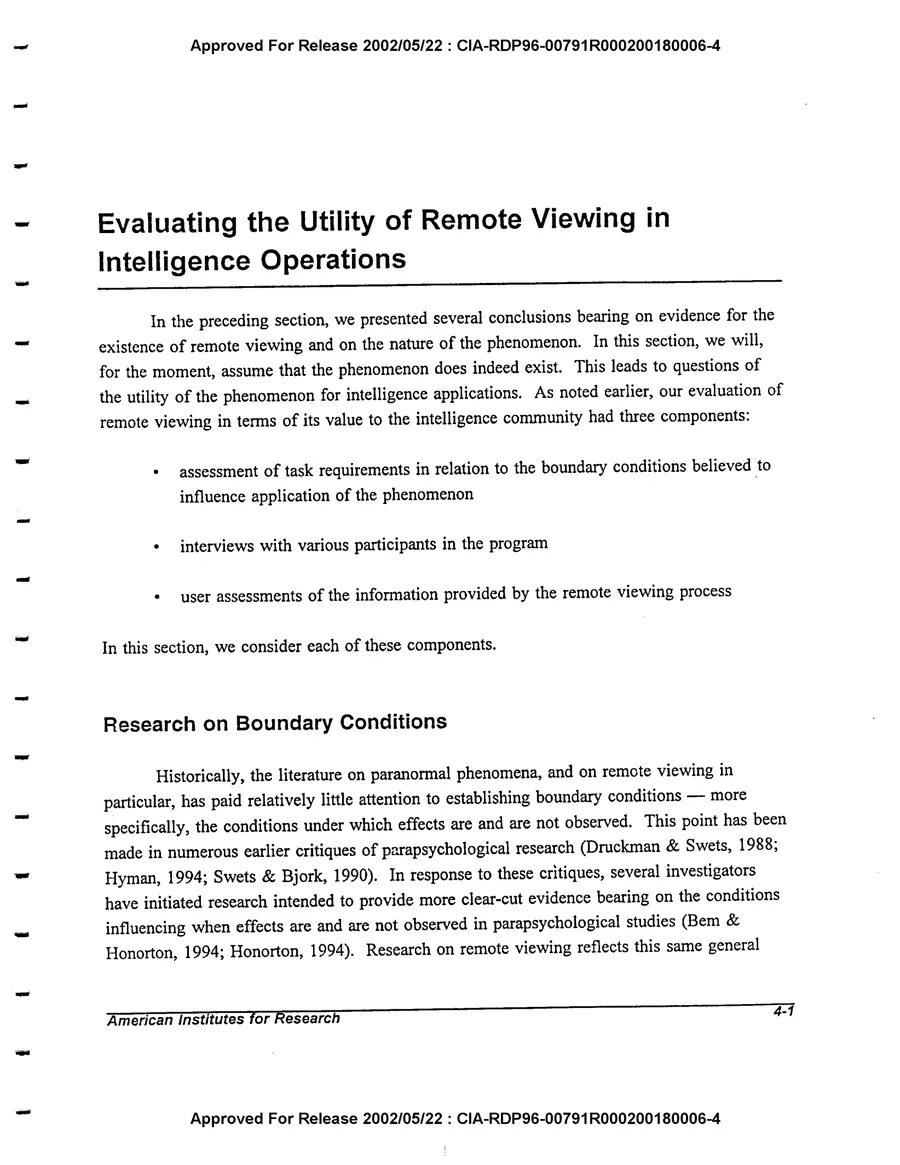 An Evaluation of Remote Viewing: Research and Applications — leaf 119, printed page 4-1, facsimile of the released scan