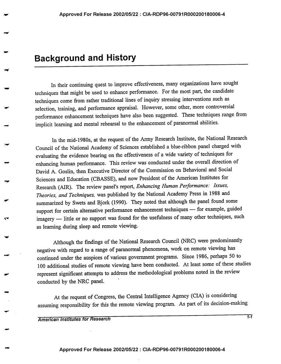 An Evaluation of Remote Viewing: Research and Applications — leaf 12, printed page 1-1, facsimile of the released scan
