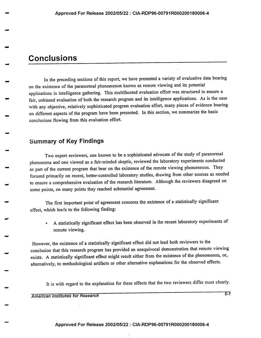 An Evaluation of Remote Viewing: Research and Applications — leaf 136, printed page 5-1, facsimile of the released scan