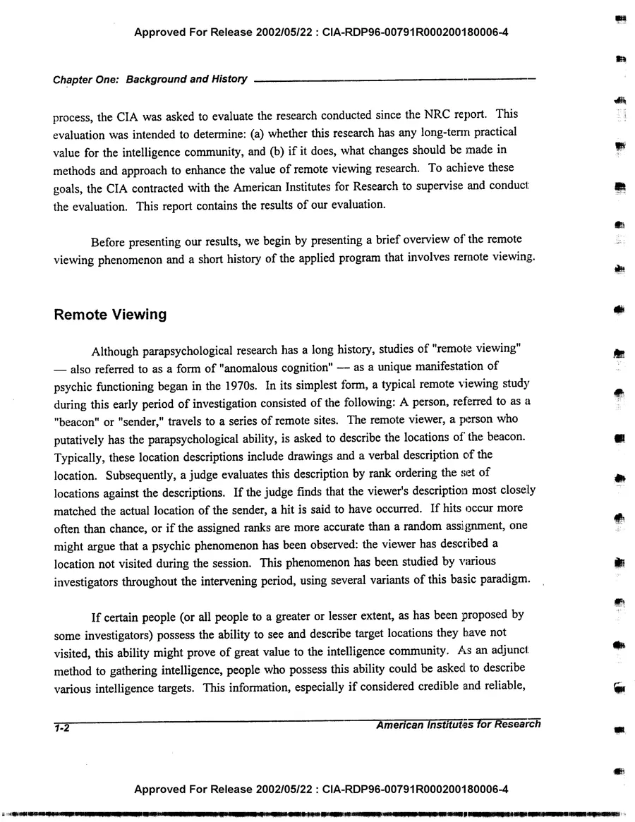An Evaluation of Remote Viewing: Research and Applications — leaf 13, printed page 1-2, facsimile of the released scan