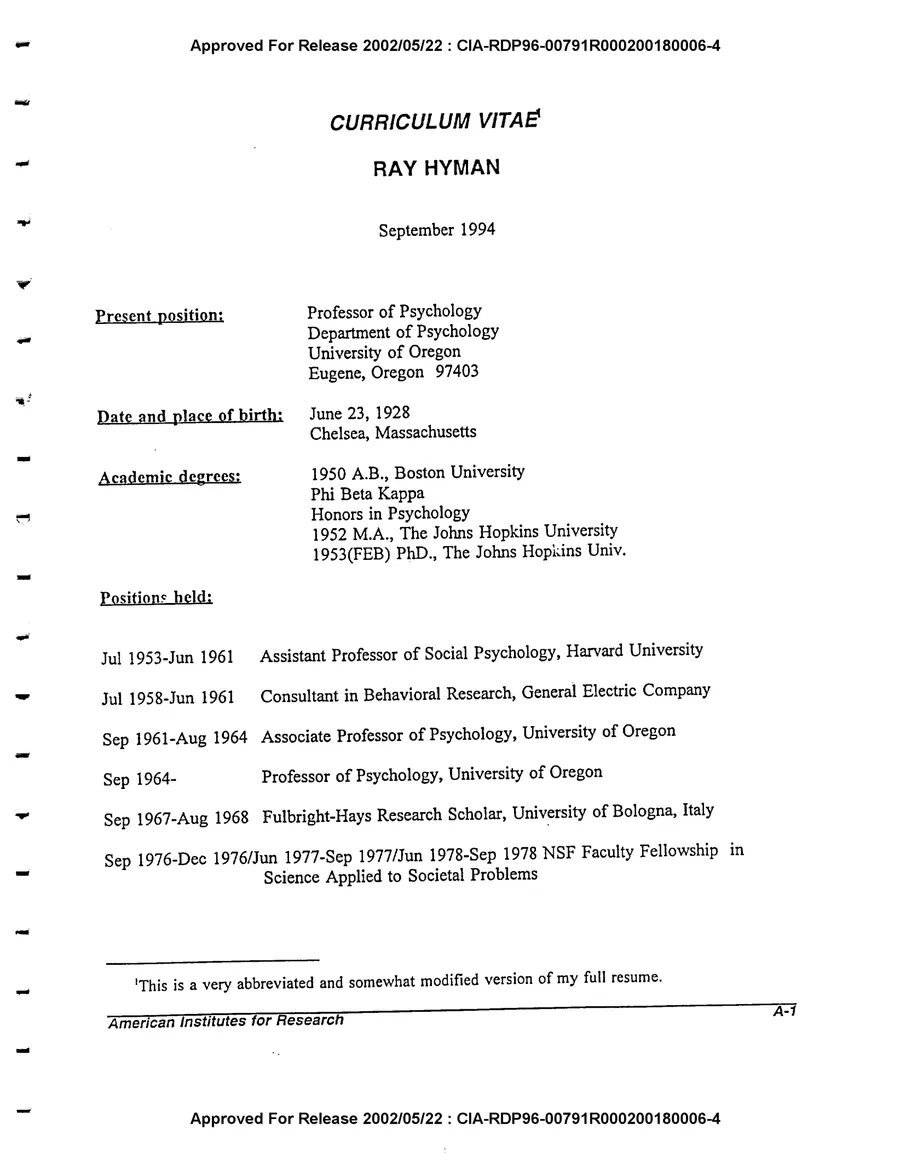 An Evaluation of Remote Viewing: Research and Applications — leaf 141, printed page A-1, facsimile of the released scan