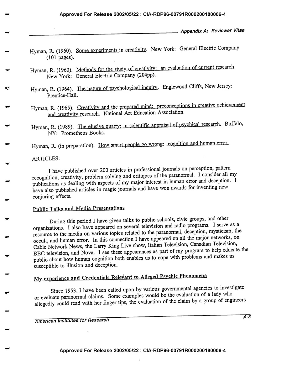 An Evaluation of Remote Viewing: Research and Applications — leaf 143, printed page A-3, facsimile of the released scan