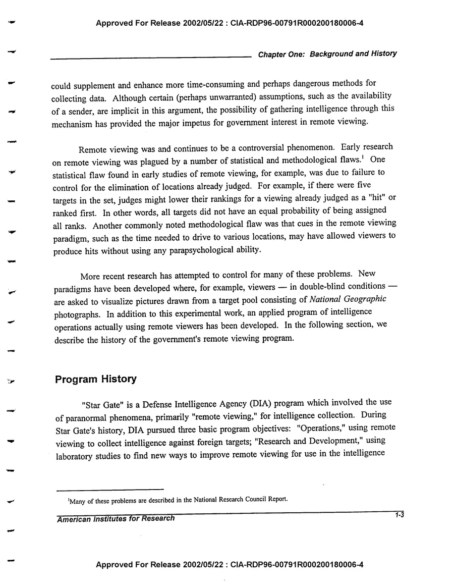 An Evaluation of Remote Viewing: Research and Applications — leaf 14, printed page 1-3, facsimile of the released scan