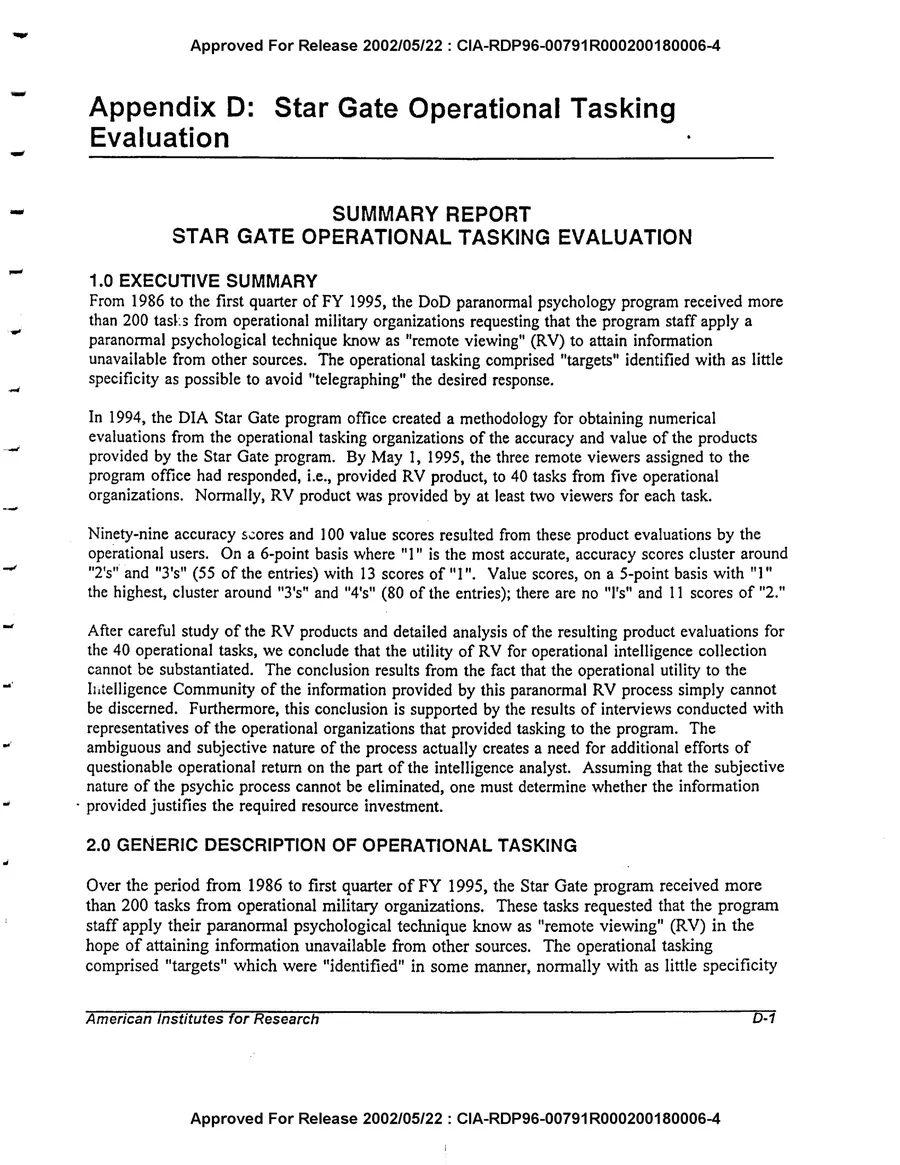An Evaluation of Remote Viewing: Research and Applications — leaf 181, printed page D-1, facsimile of the released scan