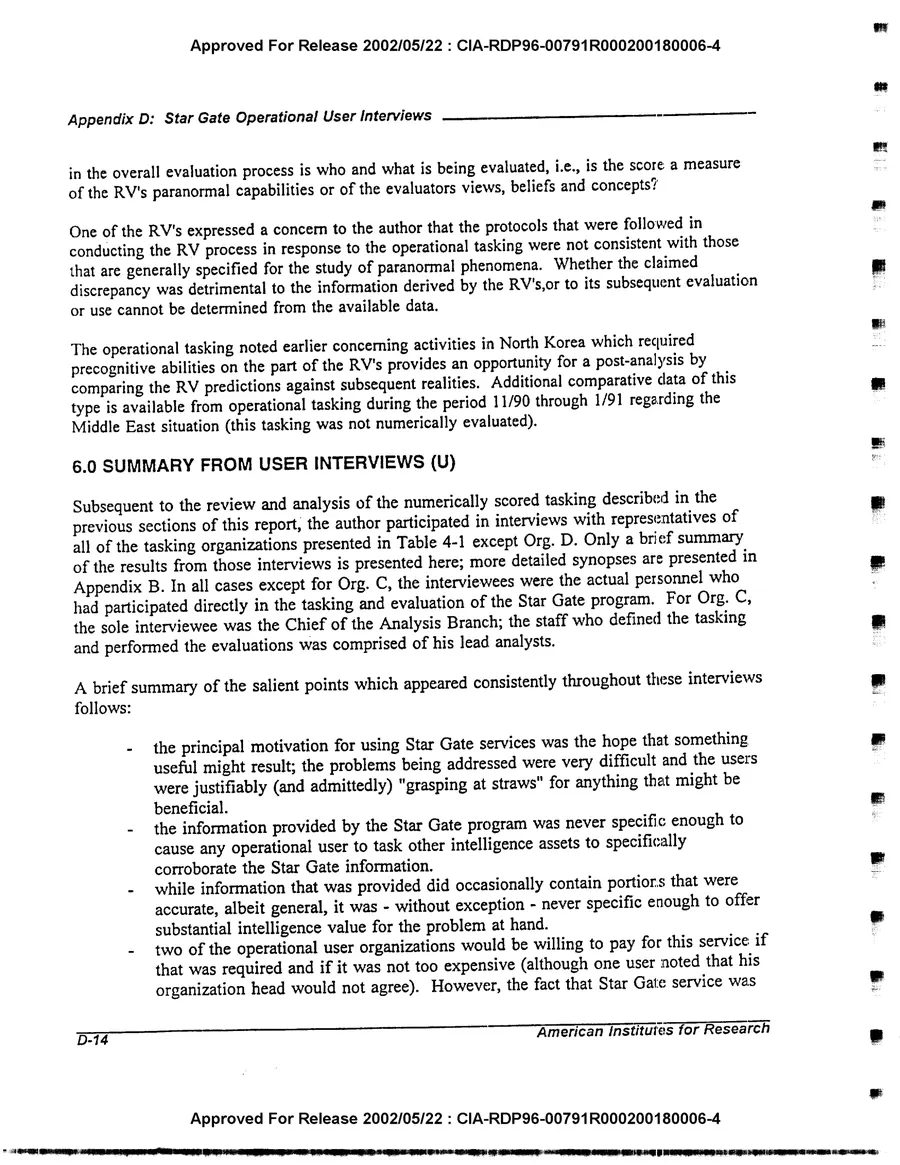 An Evaluation of Remote Viewing: Research and Applications — leaf 194, printed page D-14, facsimile of the released scan