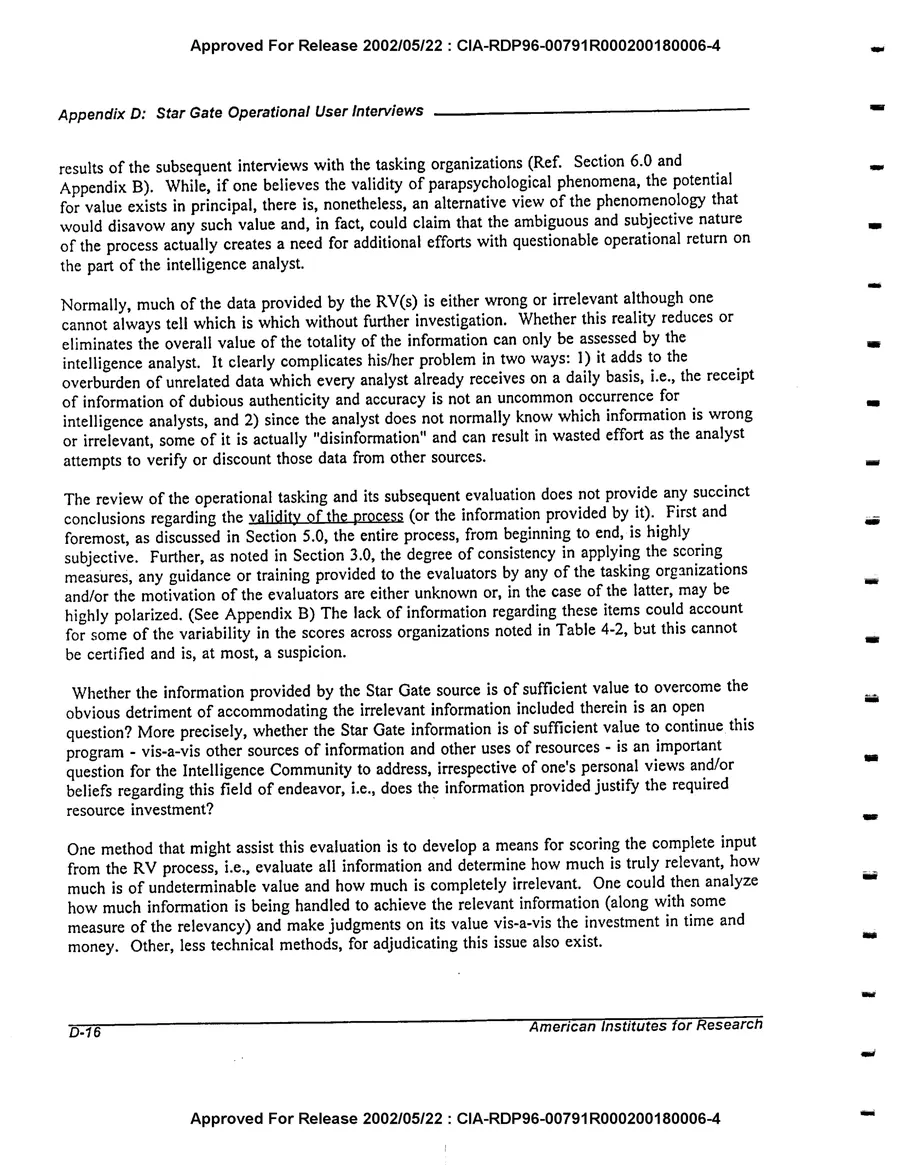 An Evaluation of Remote Viewing: Research and Applications — leaf 196, printed page D-16, facsimile of the released scan