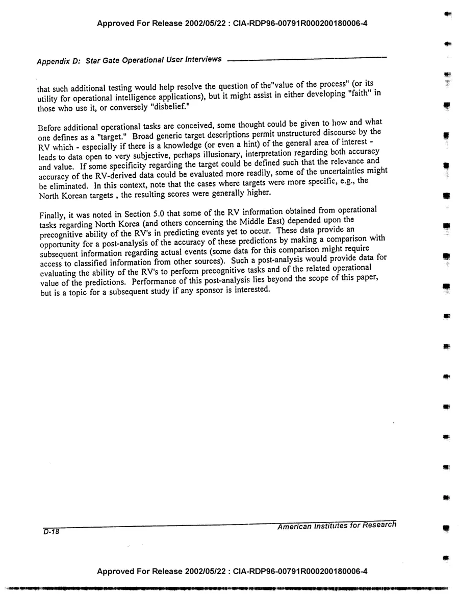 An Evaluation of Remote Viewing: Research and Applications — leaf 198, printed page D-18, facsimile of the released scan