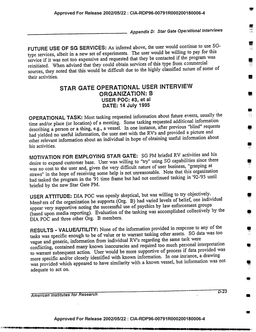 An Evaluation of Remote Viewing: Research and Applications — leaf 202, printed page D-23, facsimile of the released scan