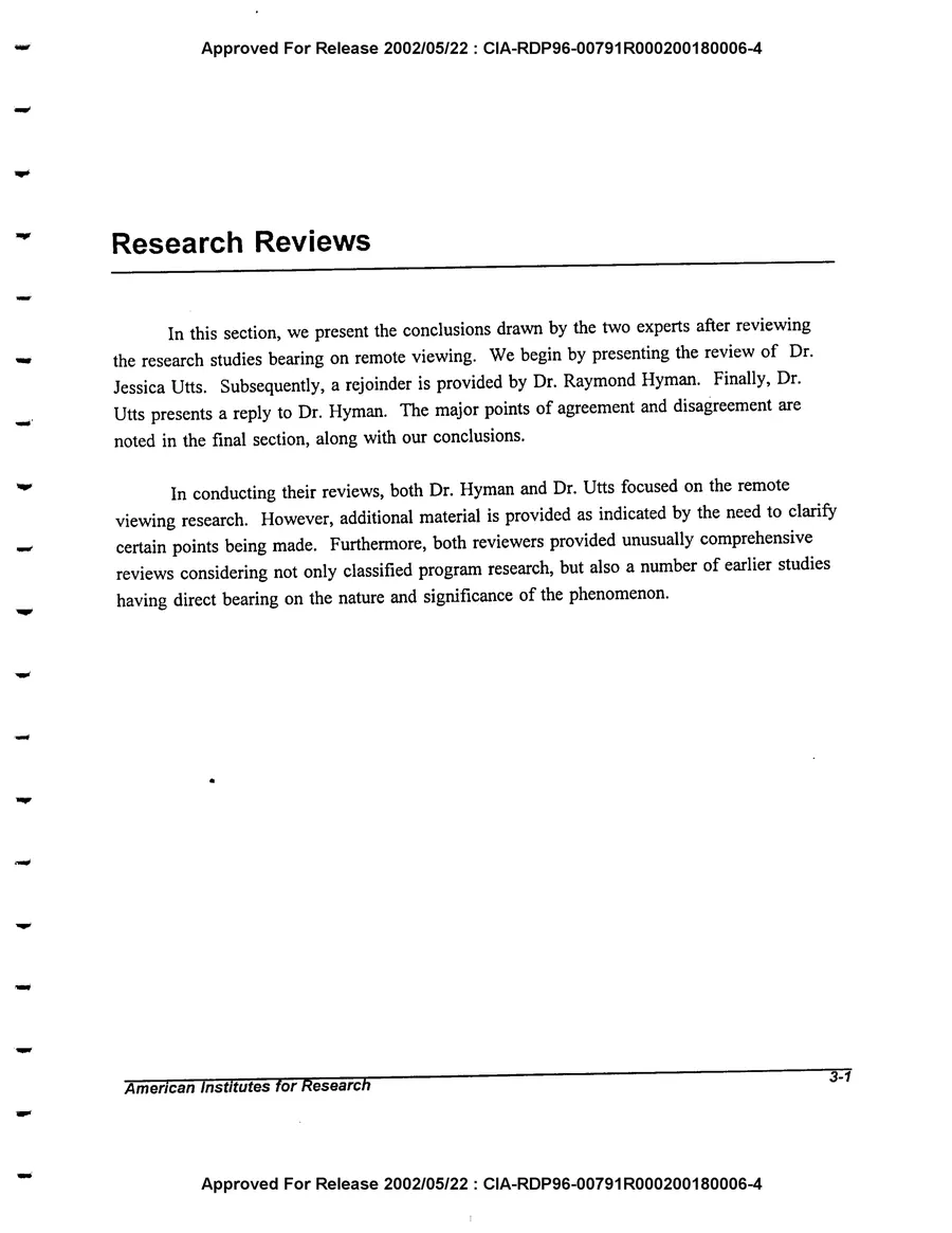 An Evaluation of Remote Viewing: Research and Applications — leaf 30, printed page 3-1, facsimile of the released scan