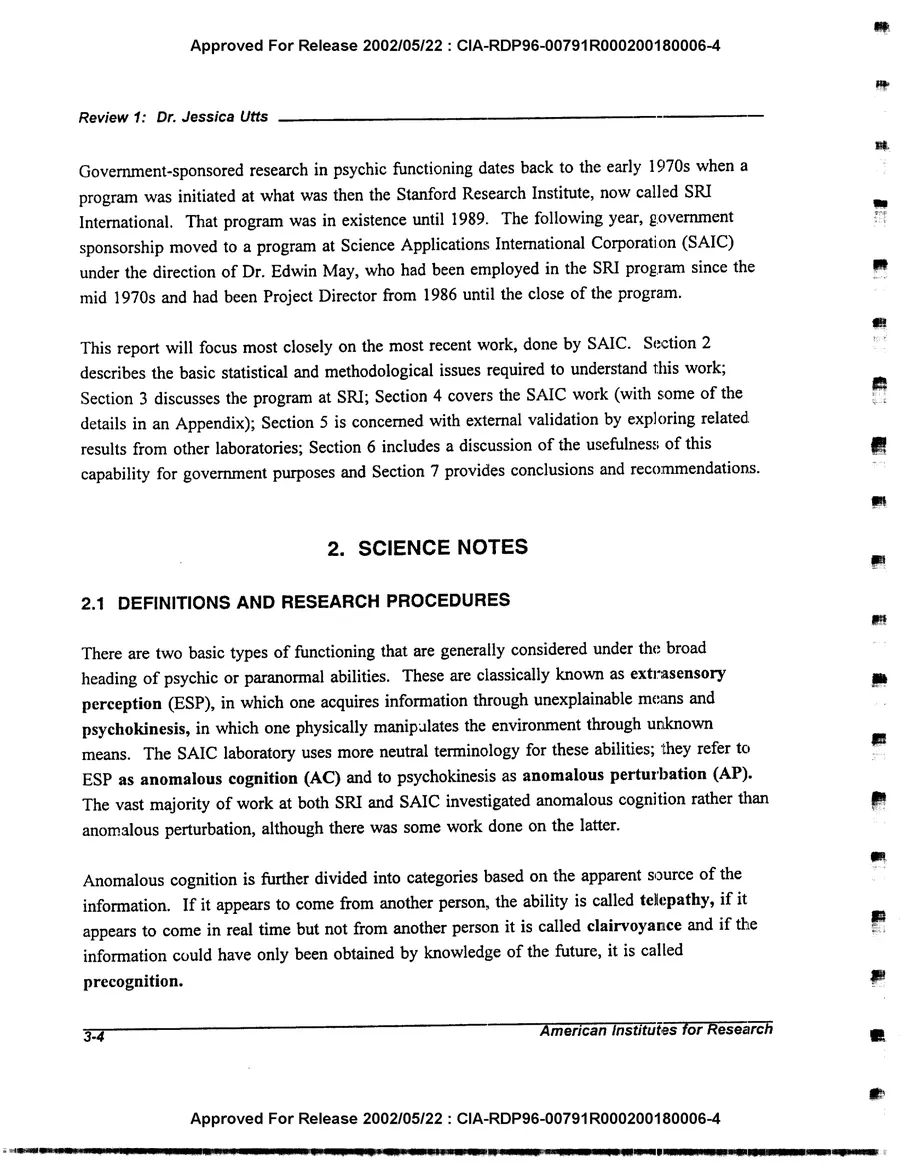 An Evaluation of Remote Viewing: Research and Applications — leaf 33, printed page 3-4, facsimile of the released scan