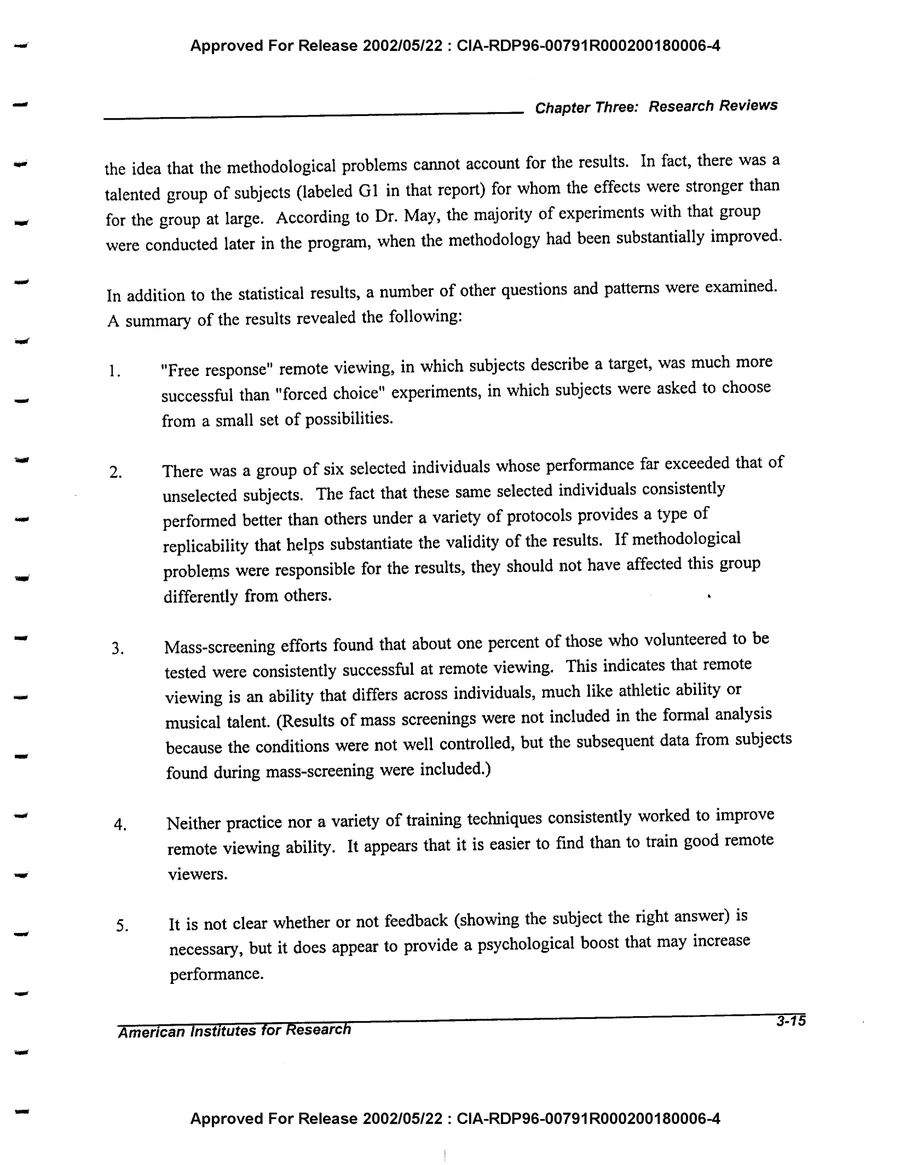 An Evaluation of Remote Viewing: Research and Applications — leaf 44, printed page 3-15, facsimile of the released scan