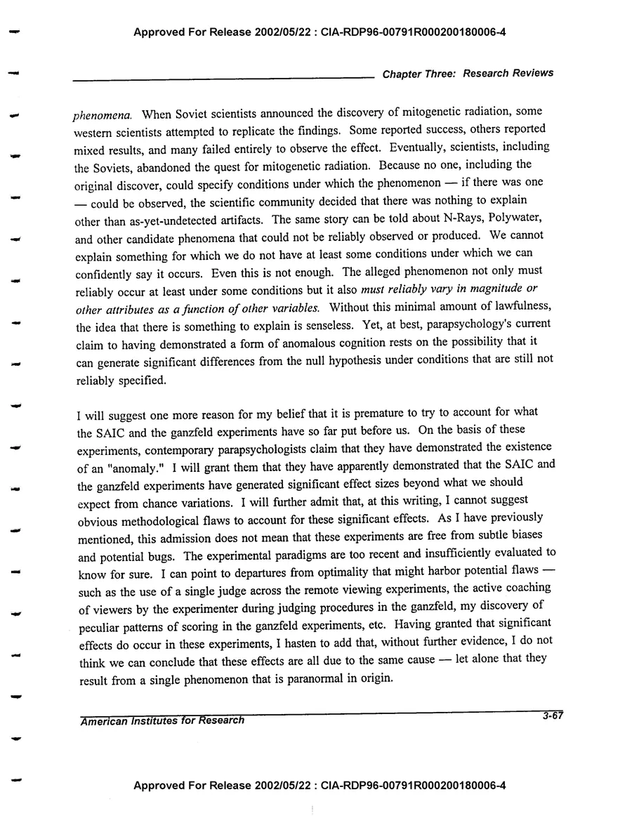 An Evaluation of Remote Viewing: Research and Applications — leaf 96, printed page 3-67, facsimile of the released scan