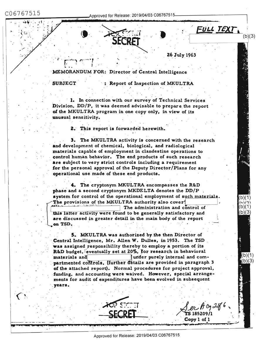 Report of Inspection of MKULTRA — leaf 1, facsimile of the released scan