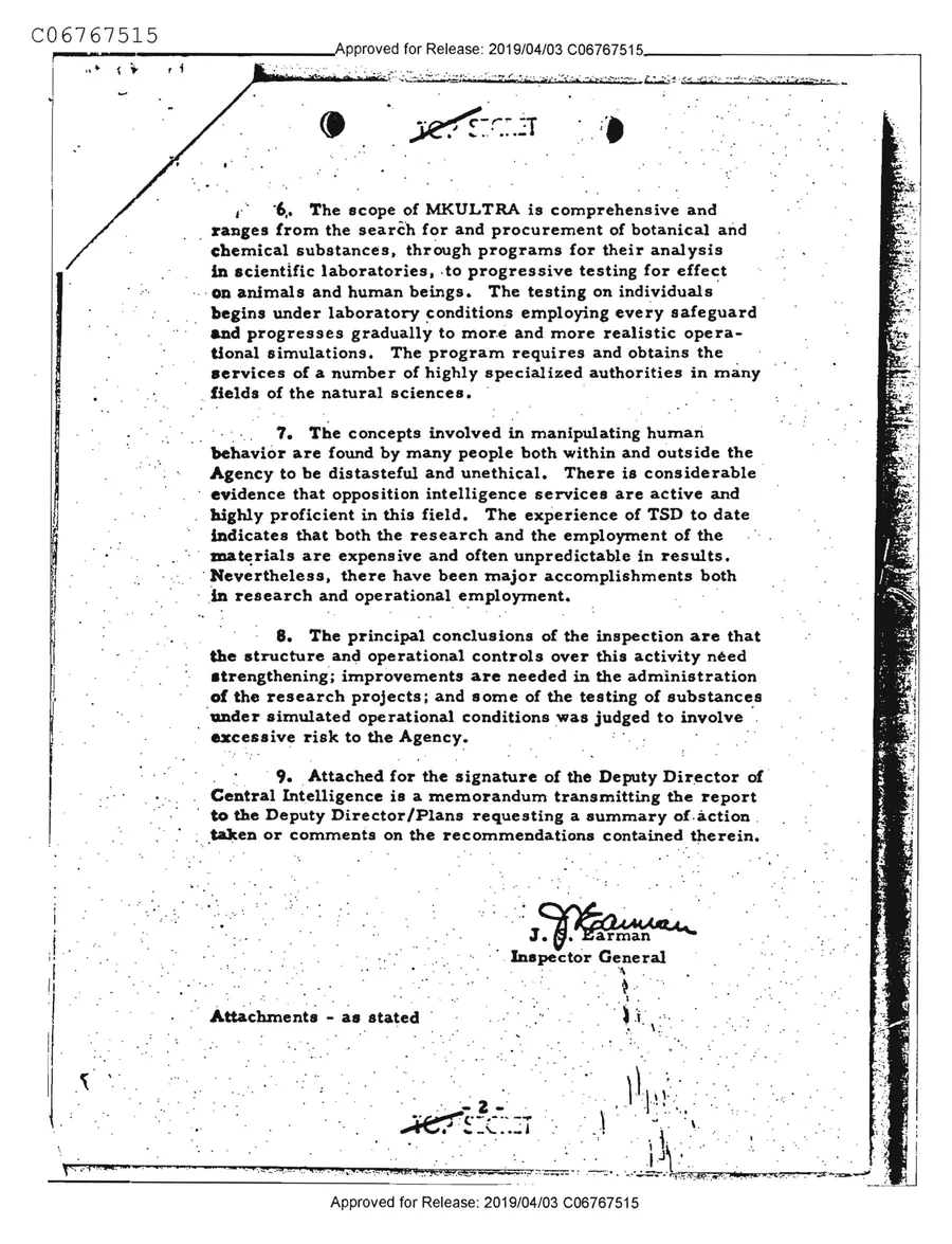 Report of Inspection of MKULTRA — leaf 2, printed page 2 (covering memorandum), facsimile of the released scan