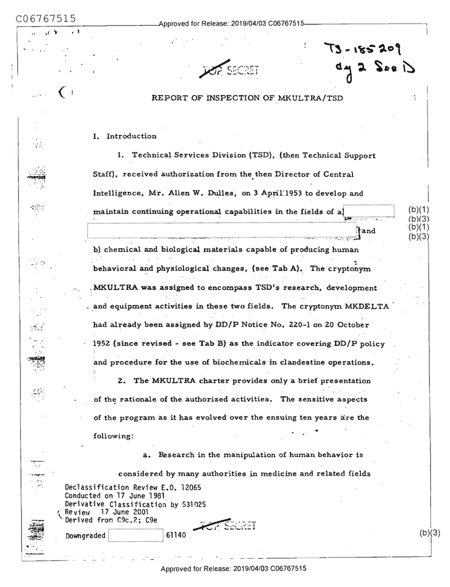 Report of Inspection of MKULTRA — leaf 3, facsimile of the released scan