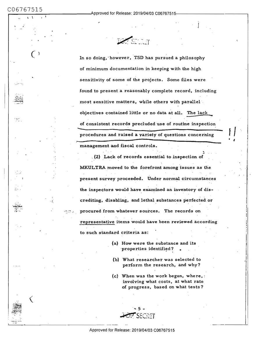 Report of Inspection of MKULTRA — leaf 7, printed page 5, facsimile of the released scan