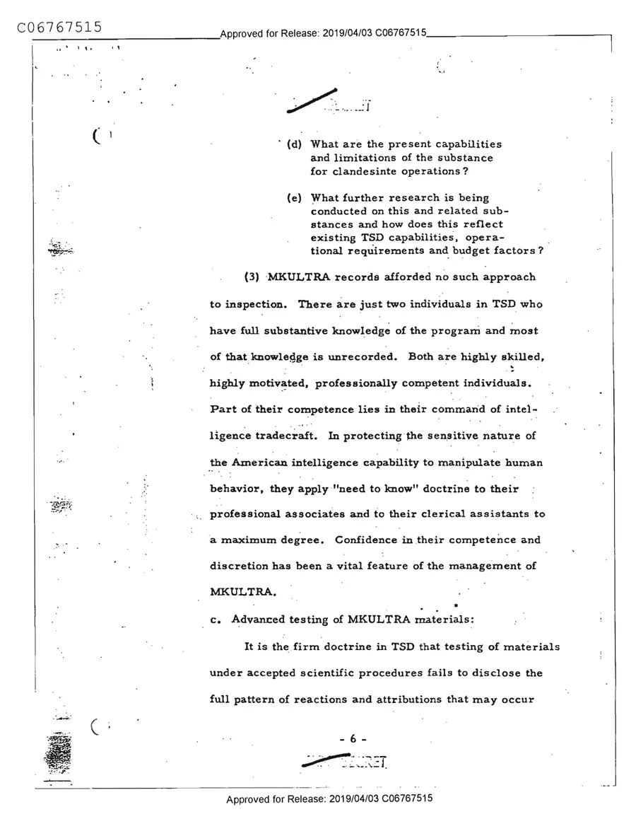 Report of Inspection of MKULTRA — leaf 8, printed page 6, facsimile of the released scan