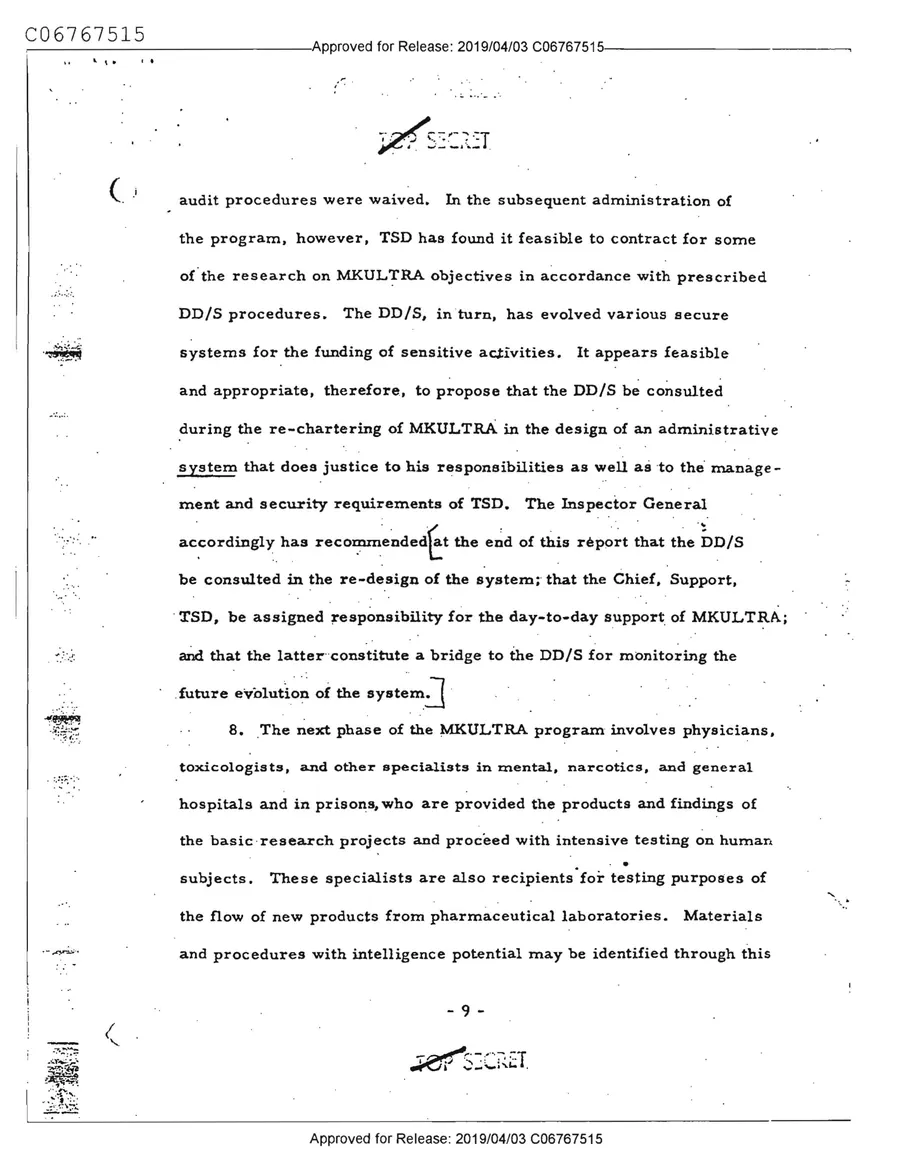 Report of Inspection of MKULTRA — leaf 11, printed page 9, facsimile of the released scan