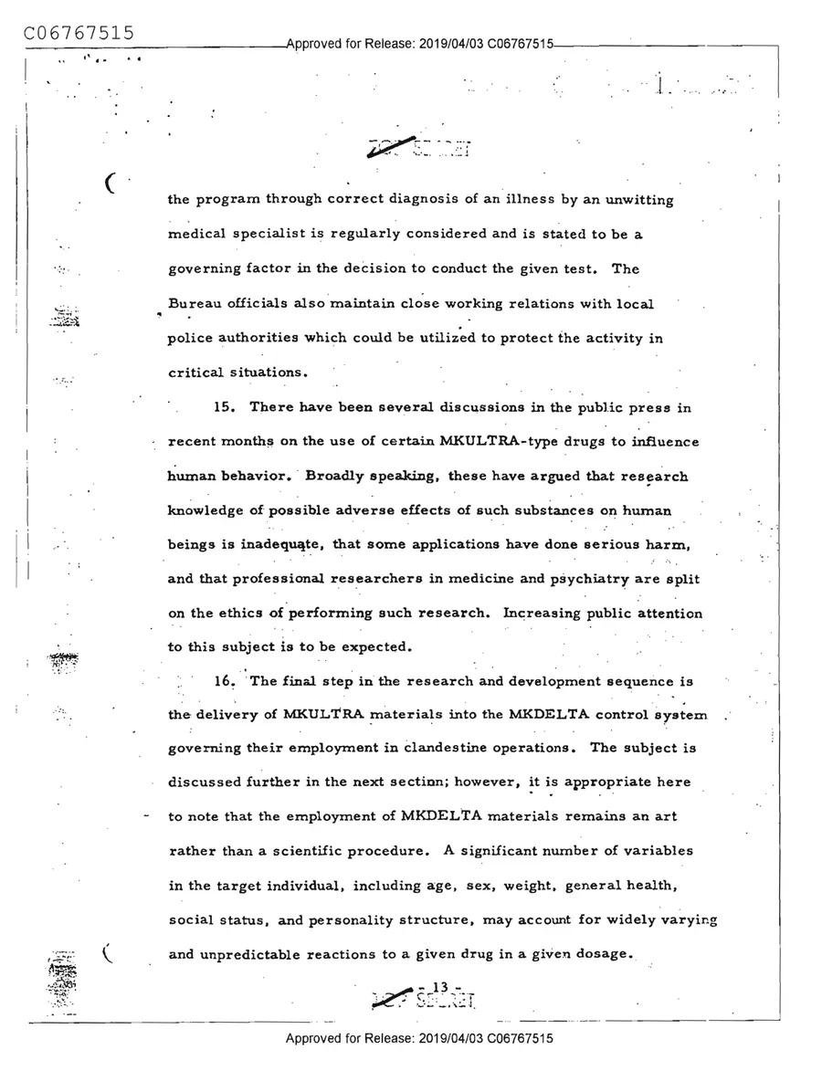 Report of Inspection of MKULTRA — leaf 15, printed page 13, facsimile of the released scan
