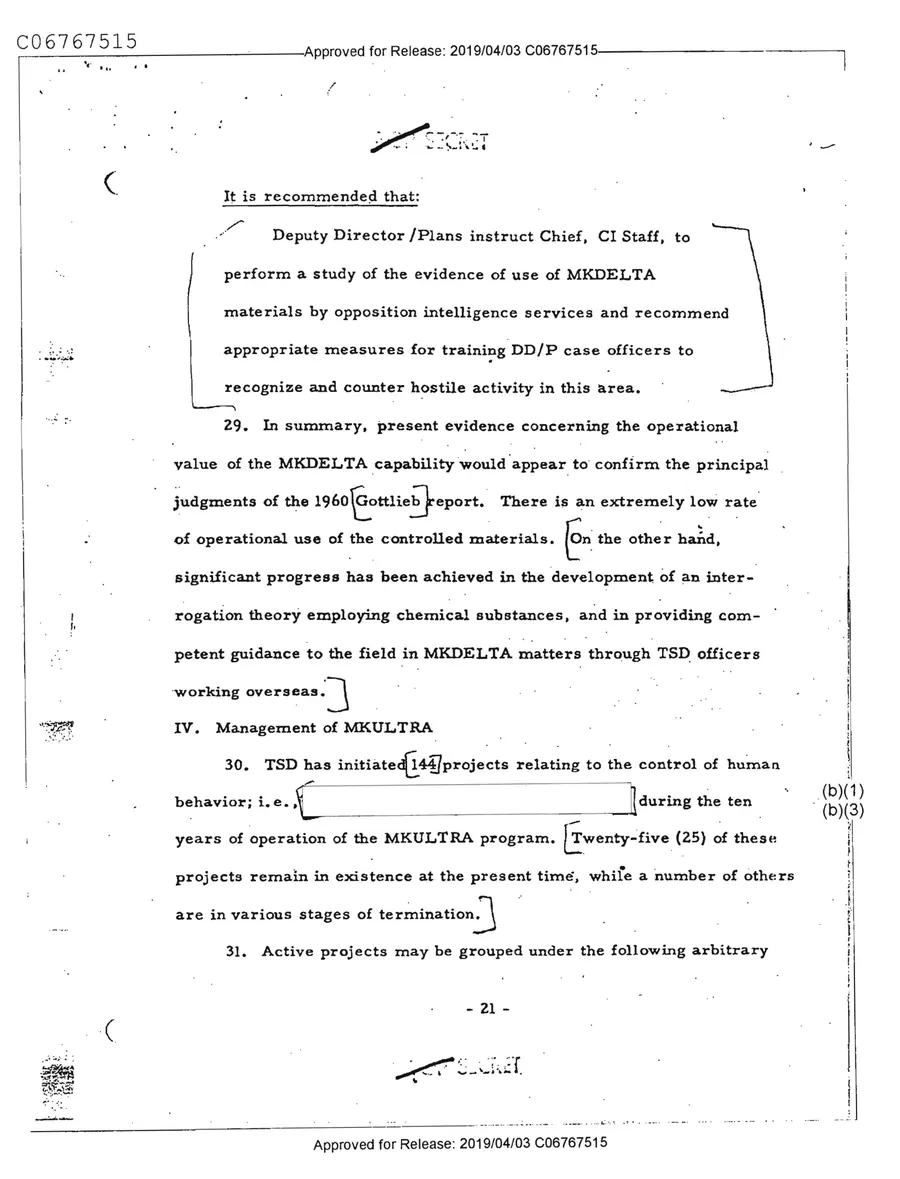 Report of Inspection of MKULTRA — leaf 23, printed page 21, facsimile of the released scan