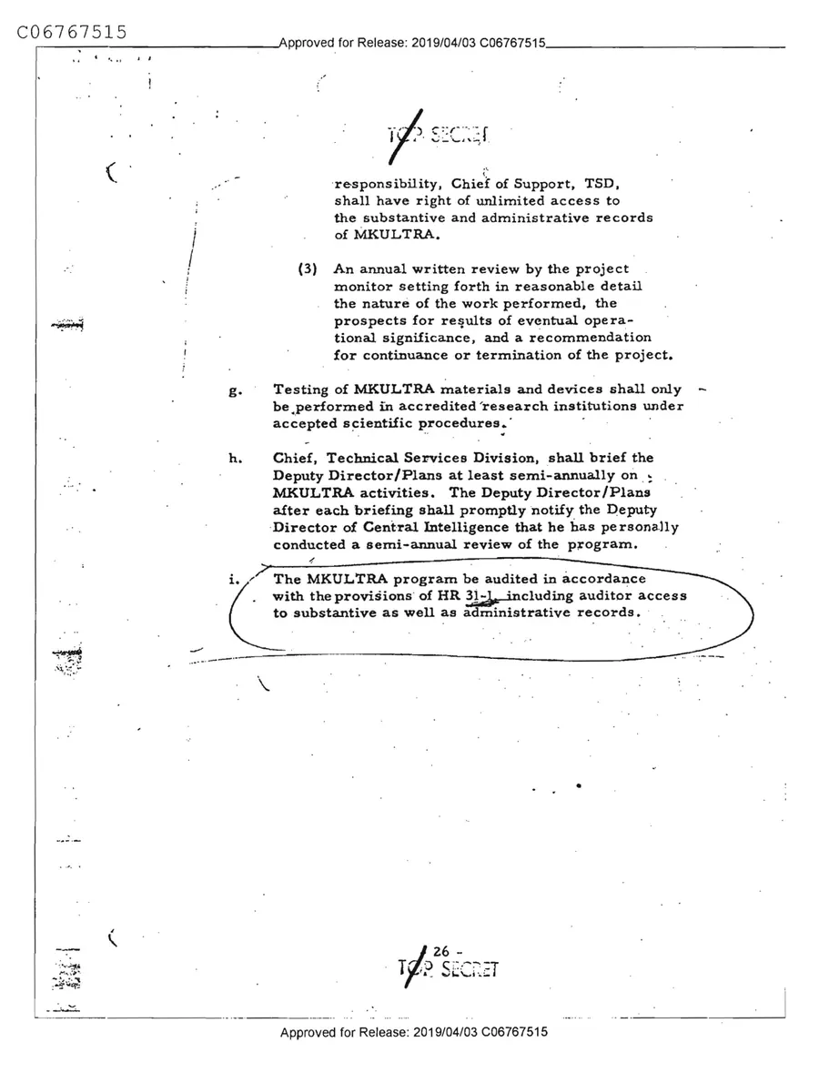Report of Inspection of MKULTRA — leaf 28, printed page 26, facsimile of the released scan