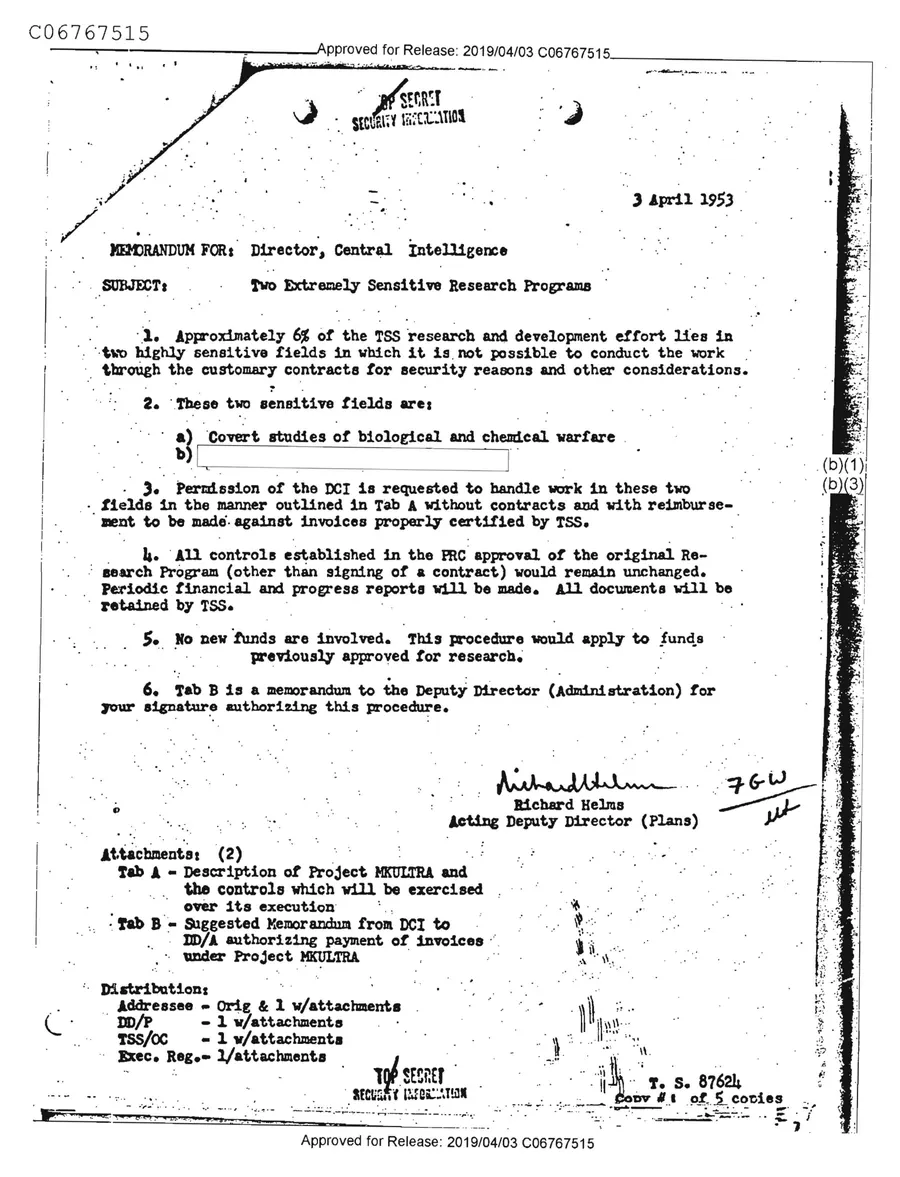 Report of Inspection of MKULTRA — leaf 29, facsimile of the released scan