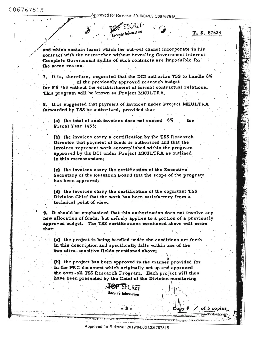 Report of Inspection of MKULTRA — leaf 33, printed page 3 (Tab A), facsimile of the released scan