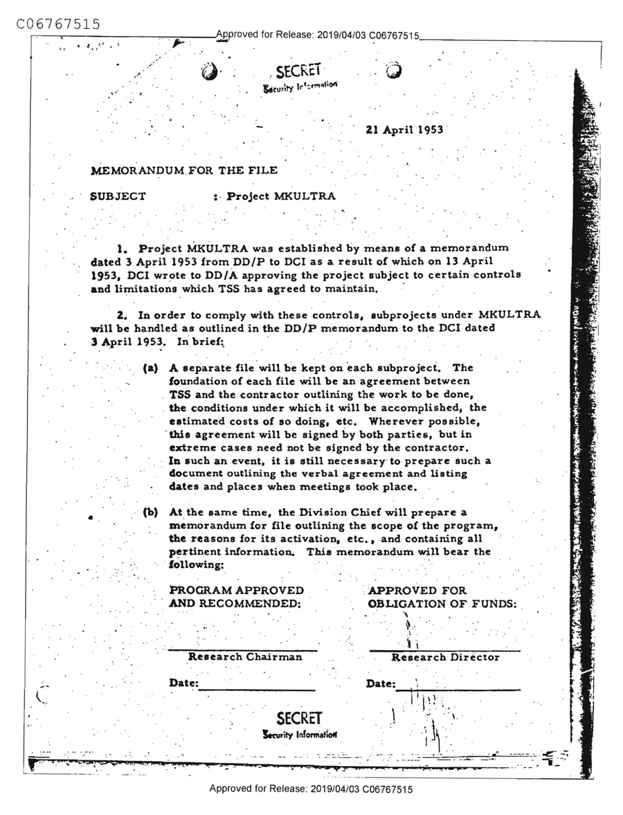 Report of Inspection of MKULTRA — leaf 39, facsimile of the released scan