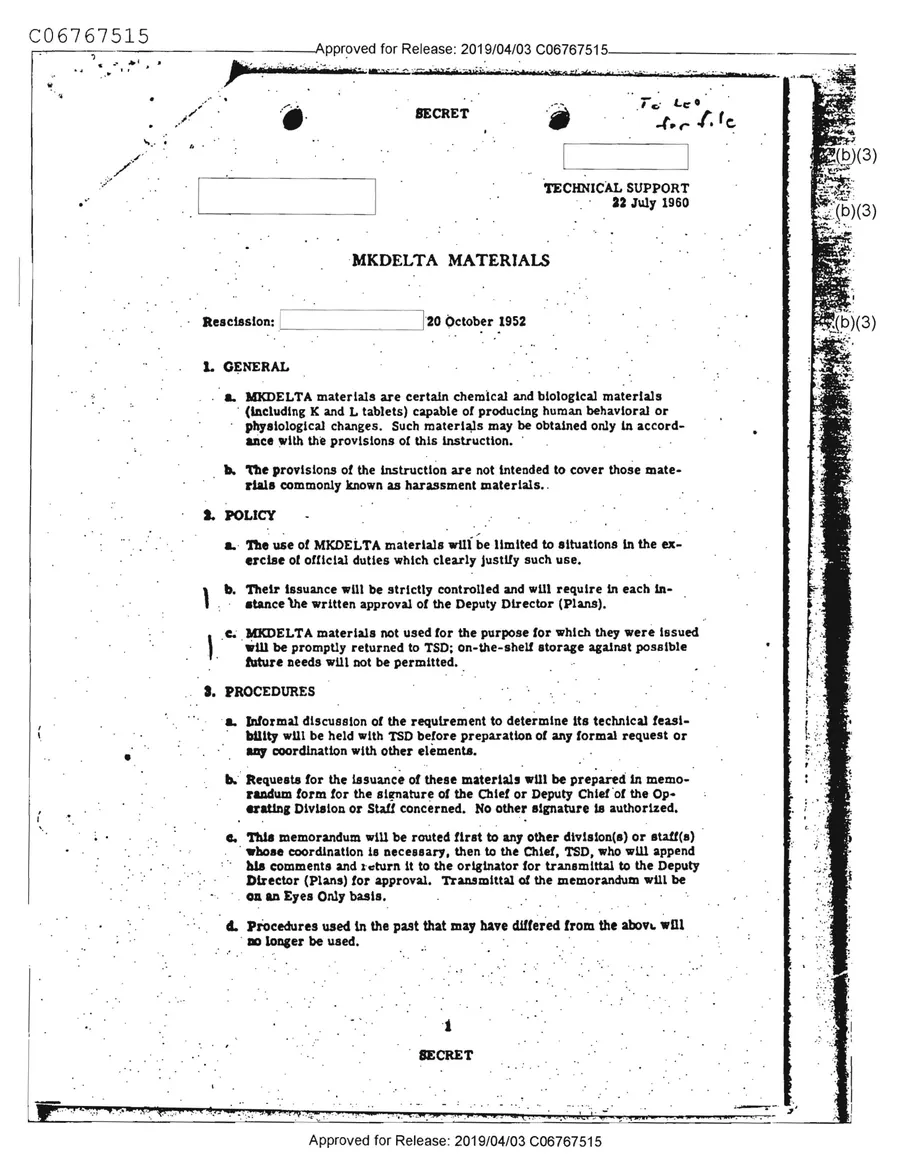 Report of Inspection of MKULTRA — leaf 42, printed page 1 (Tab B, MKDELTA), facsimile of the released scan