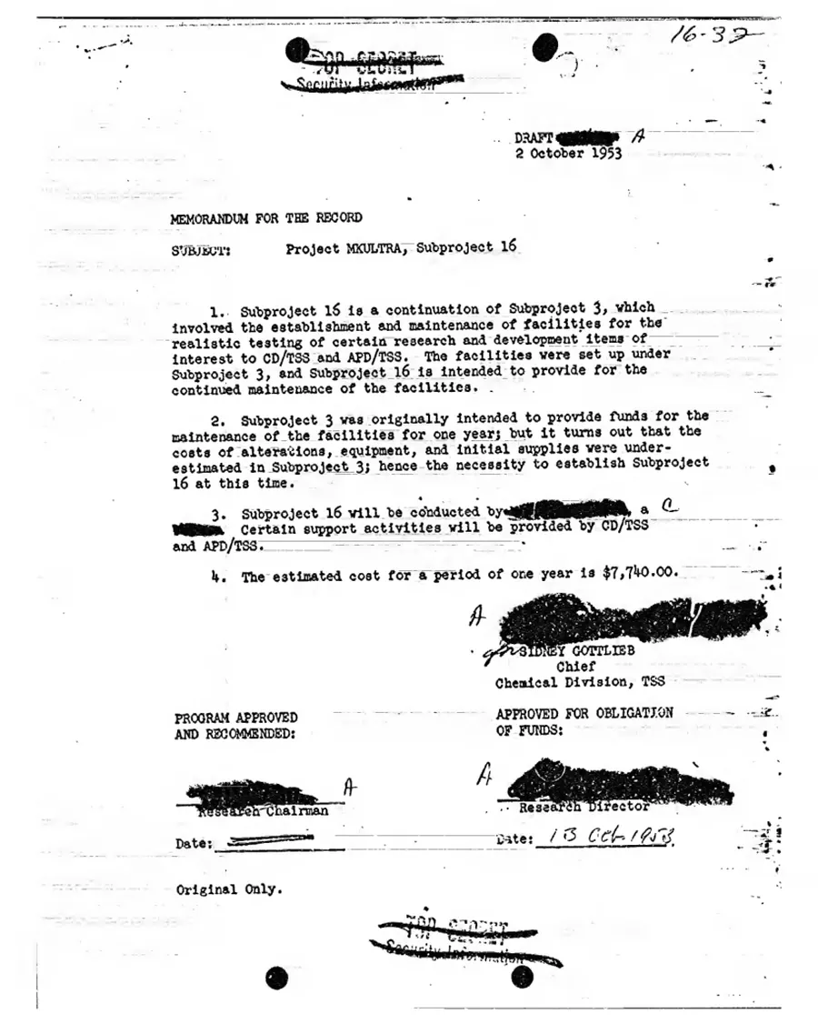 Report of Inspection of MKULTRA — leaf 47, facsimile of the released scan