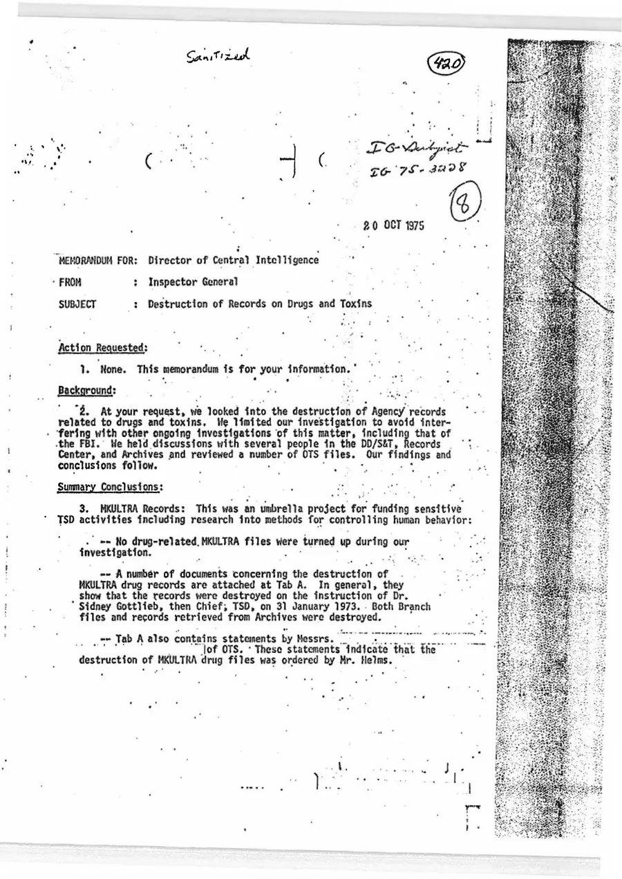 Report of Inspection of MKULTRA — leaf 64, facsimile of the released scan