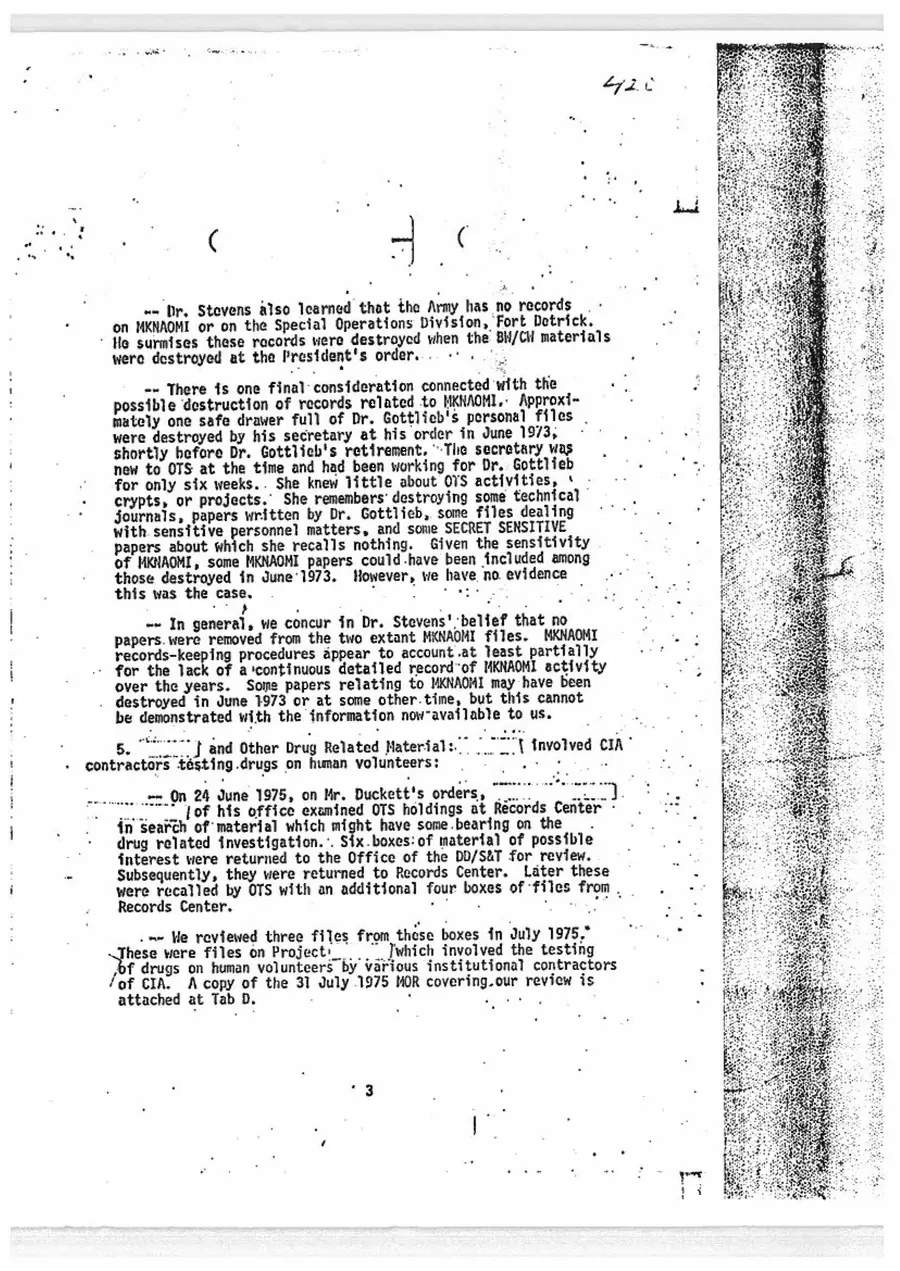 Report of Inspection of MKULTRA — leaf 66, printed page 3 (memorandum of 20 October 1975), facsimile of the released scan