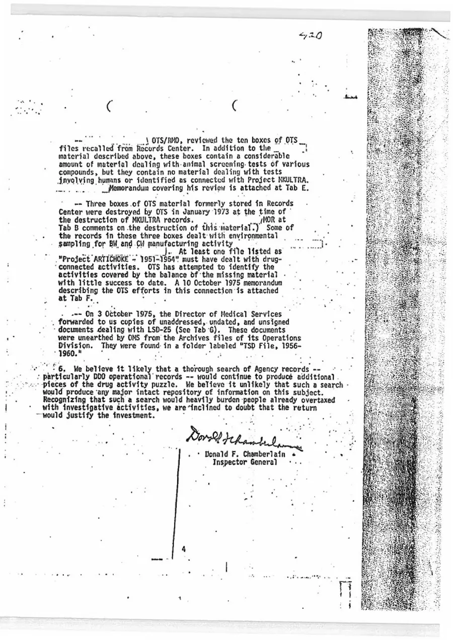 Report of Inspection of MKULTRA — leaf 67, printed page 4 (memorandum of 20 October 1975), facsimile of the released scan