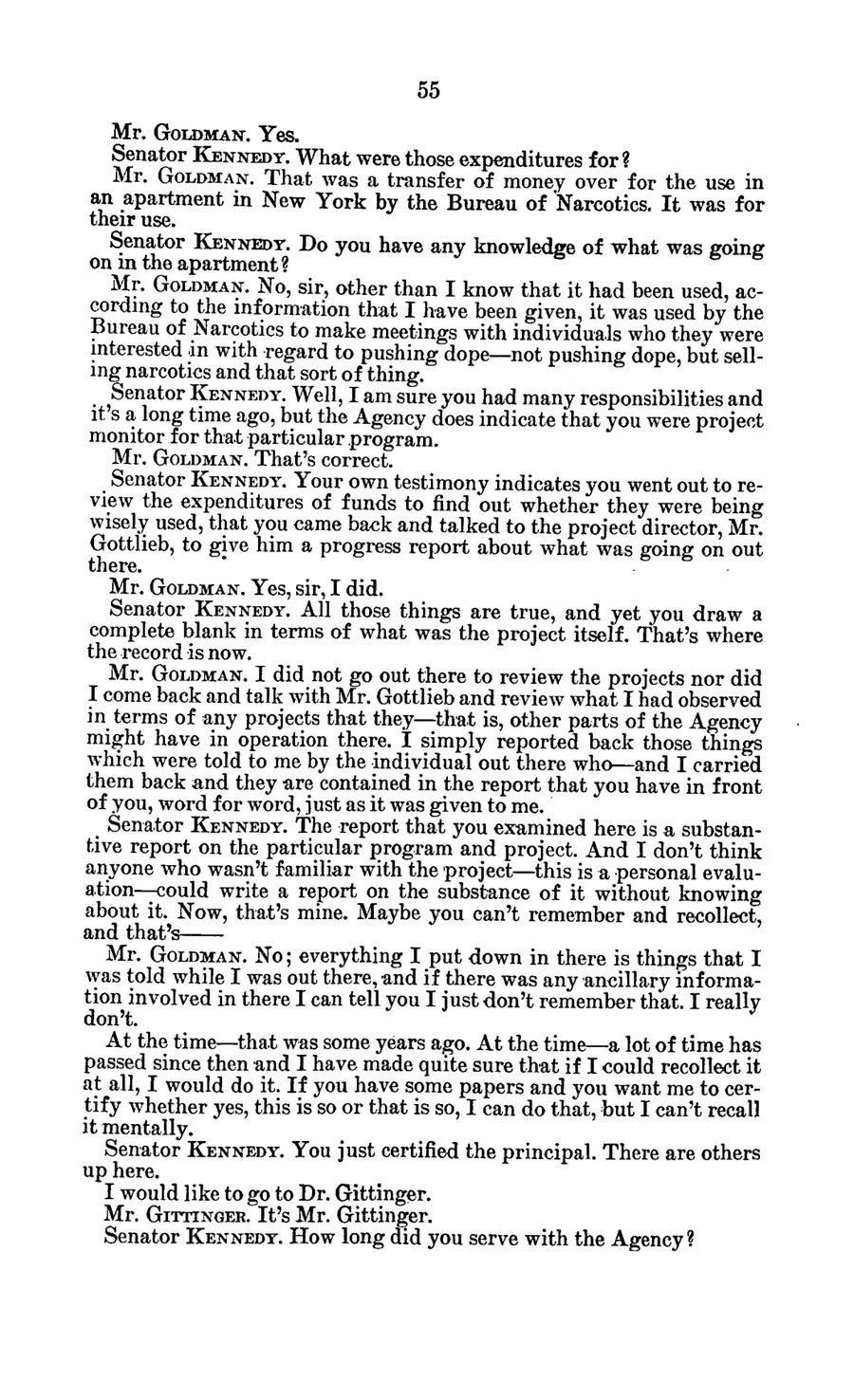 Report of Inspection of MKULTRA — leaf 76, printed page 55 (1977 hearing), facsimile of the released scan
