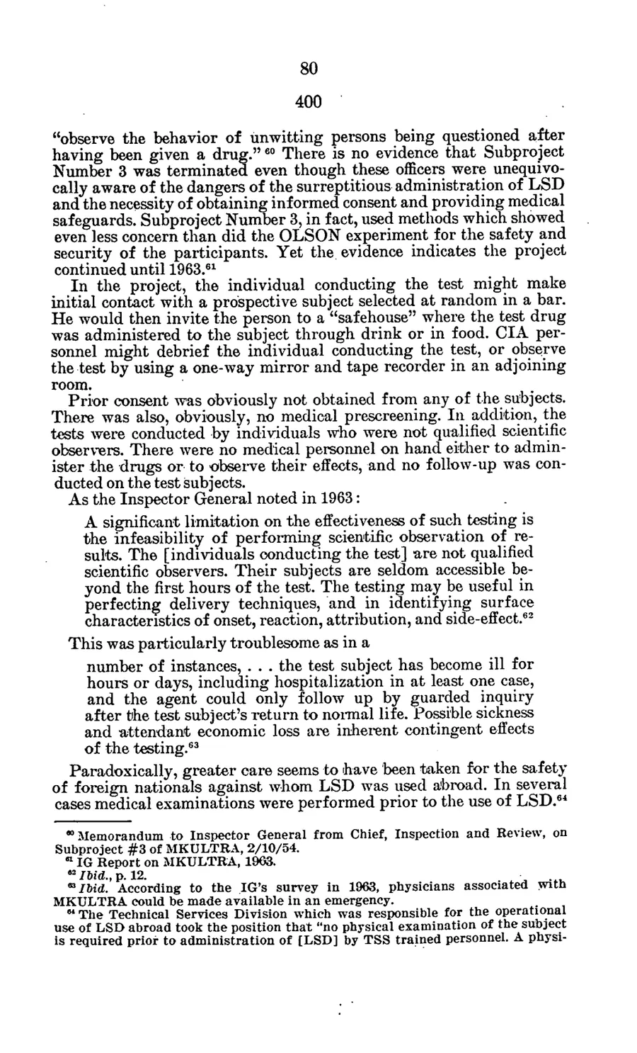 Report of Inspection of MKULTRA — leaf 80, printed page 80 (1977 hearing), facsimile of the released scan