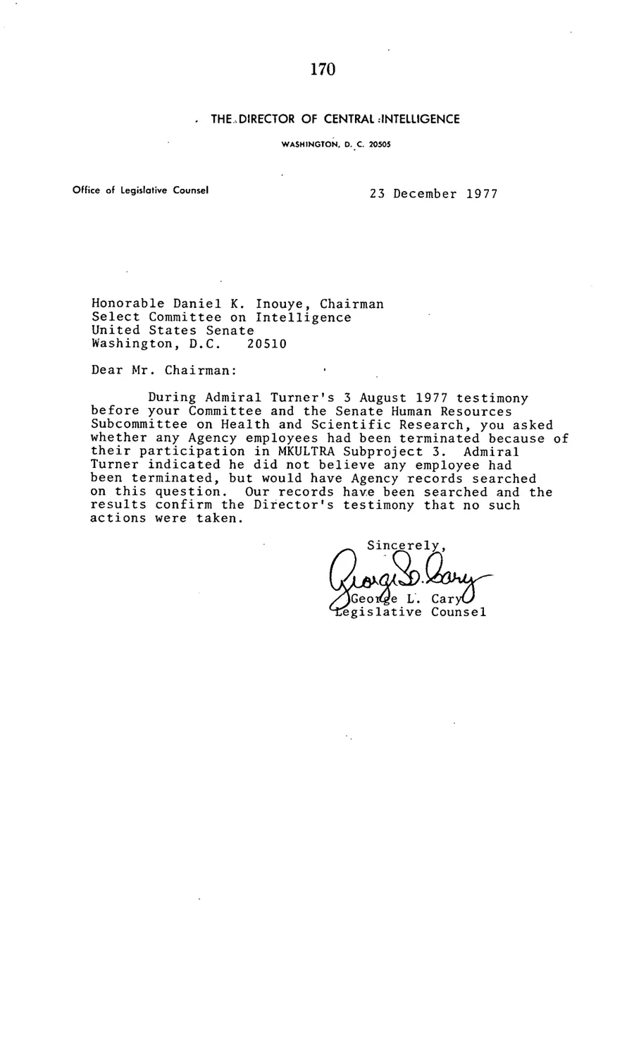 Report of Inspection of MKULTRA — leaf 81, printed page 170 (1977 hearing), facsimile of the released scan