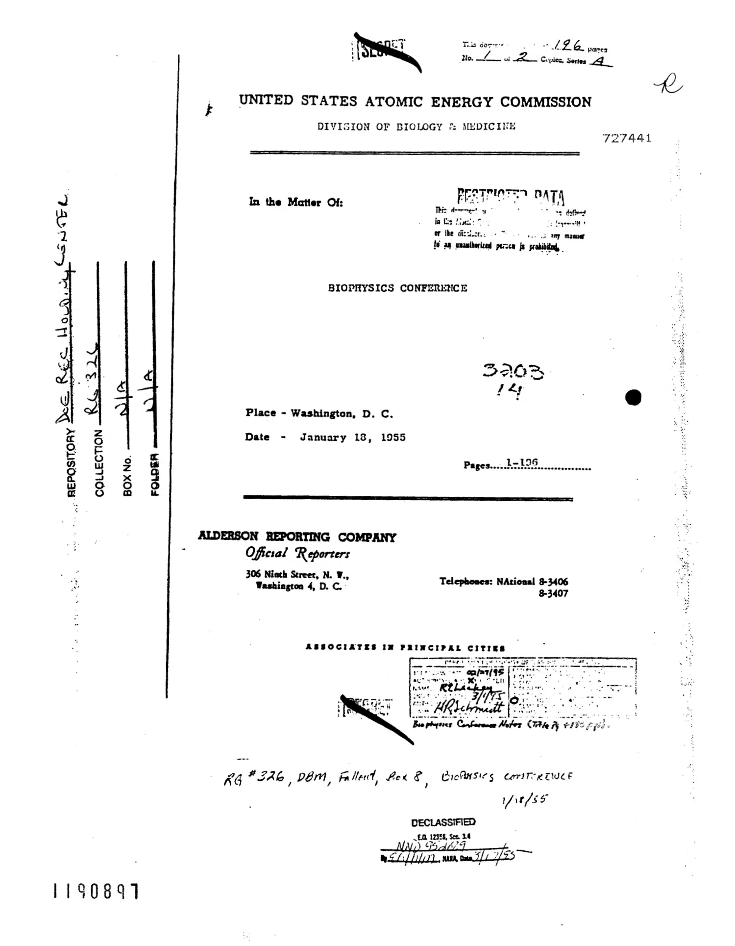 AEC Biophysics Conference, January 1955 — opening source page
