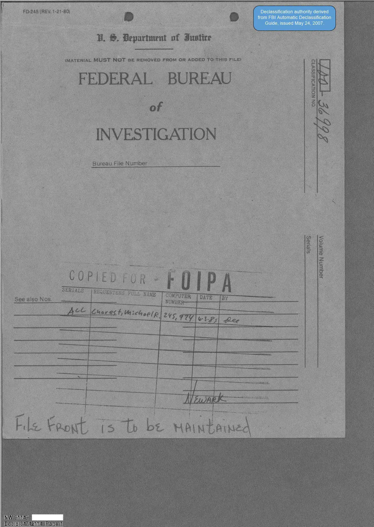 FBI Newark UFO inquiry and correspondence, 1952–1967 — opening source page