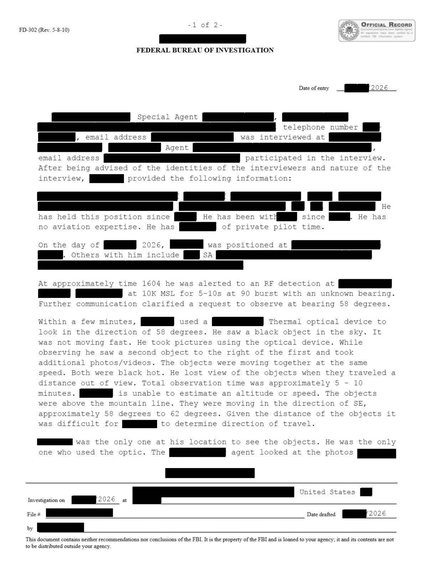 FBI interview: reported slow-moving objects, Western United States, 2026 — opening source page