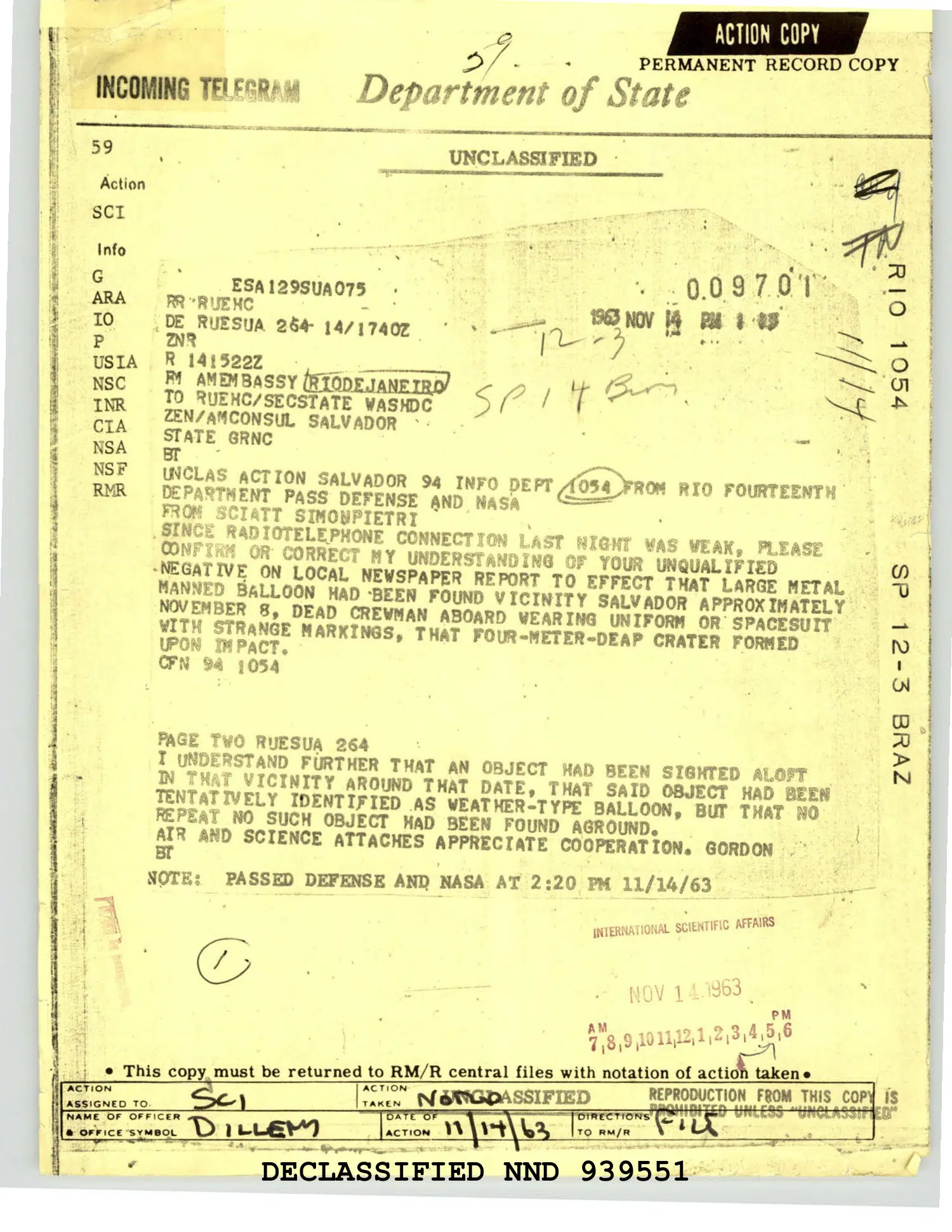Brazil cable: checking a reported crash story, 14 November 1963 — opening source page