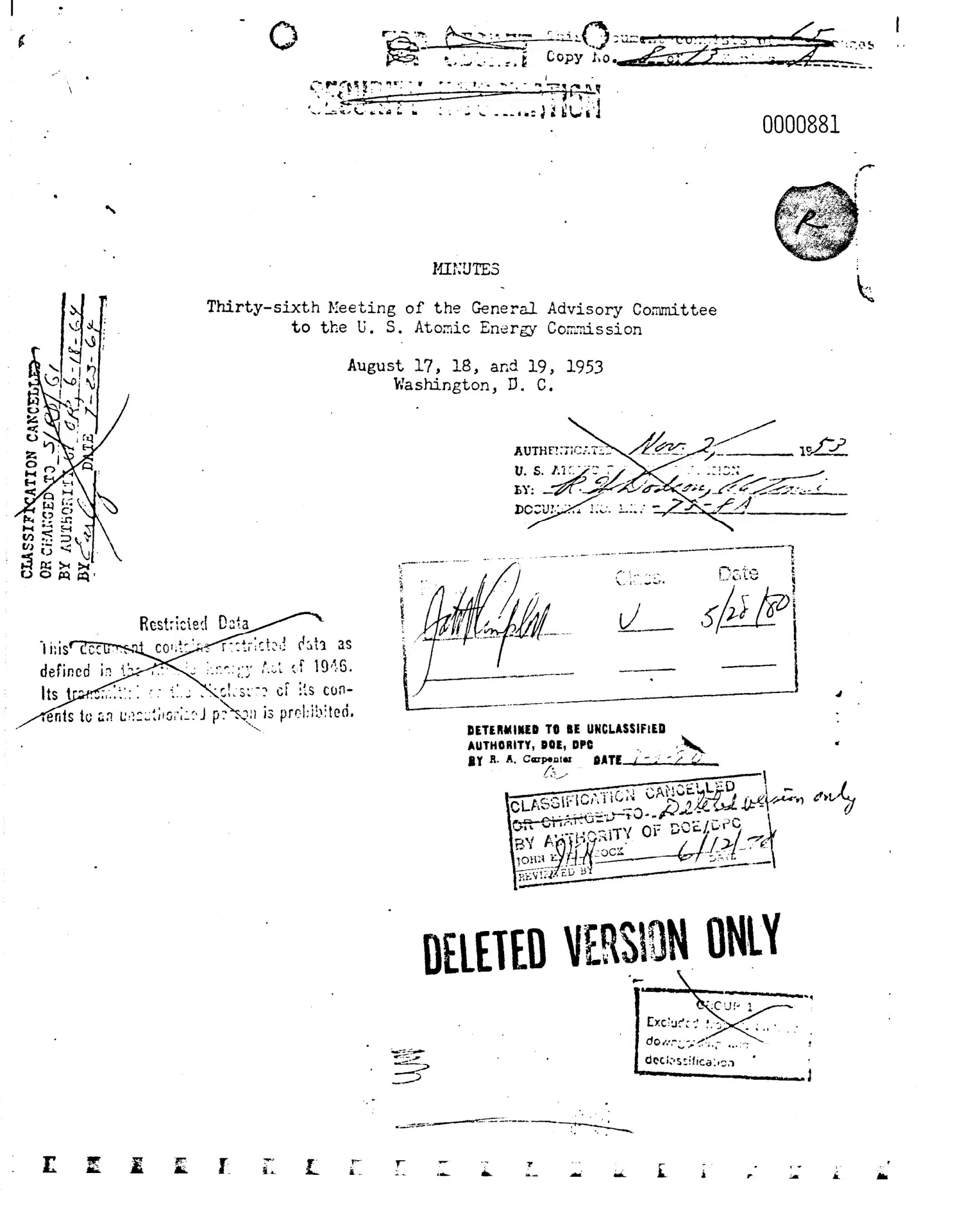 Sunshine at the AEC advisory committee, August 1953 — opening source page