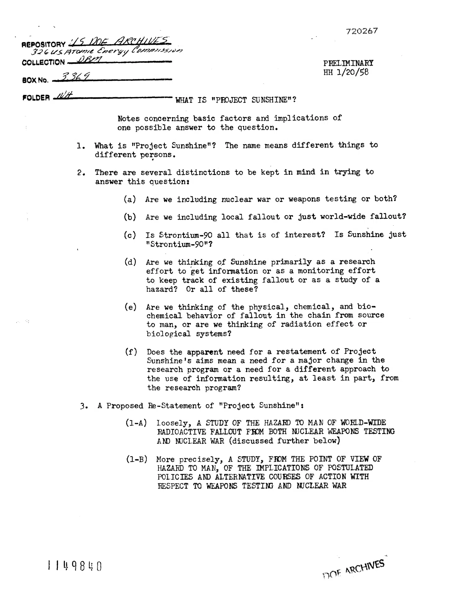 What is 'Project Sunshine'? Notes concerning basic factors and implications of one possible answer to the question — opening source page