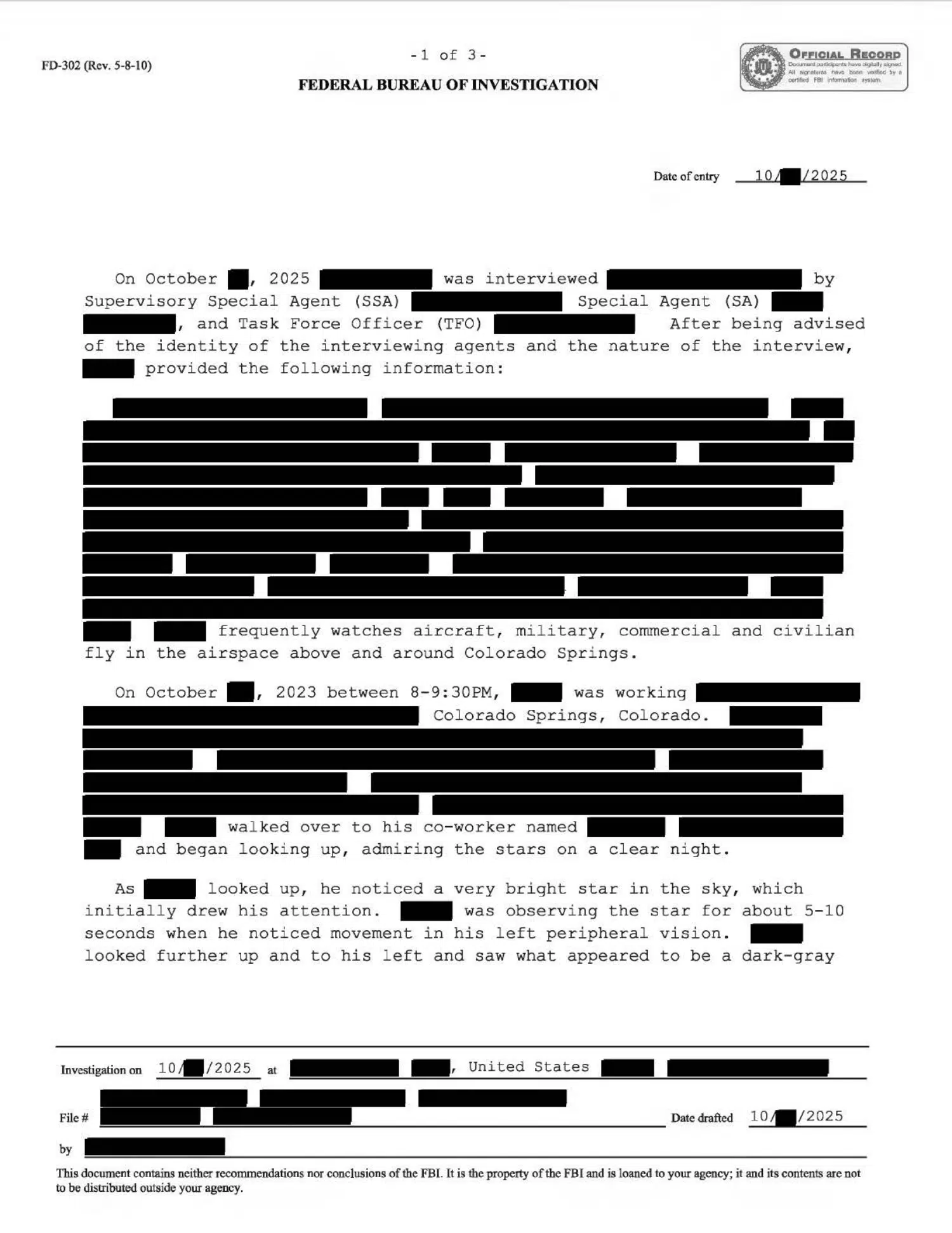FBI interview: reported large triangle with red lights, Colorado Springs, 2023 — opening source page