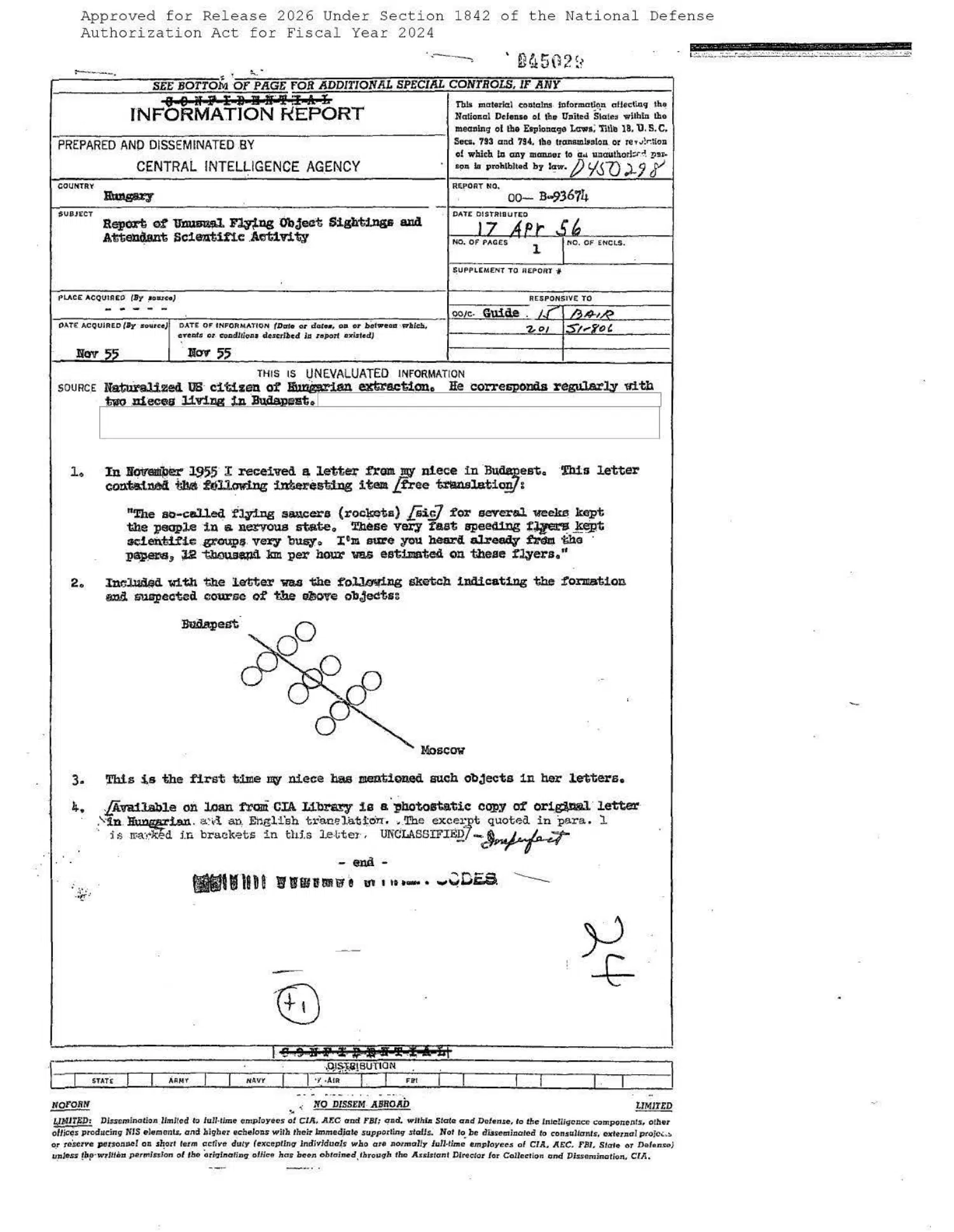 A letter describing a UFO sighting in Hungary, 1955 — opening source page